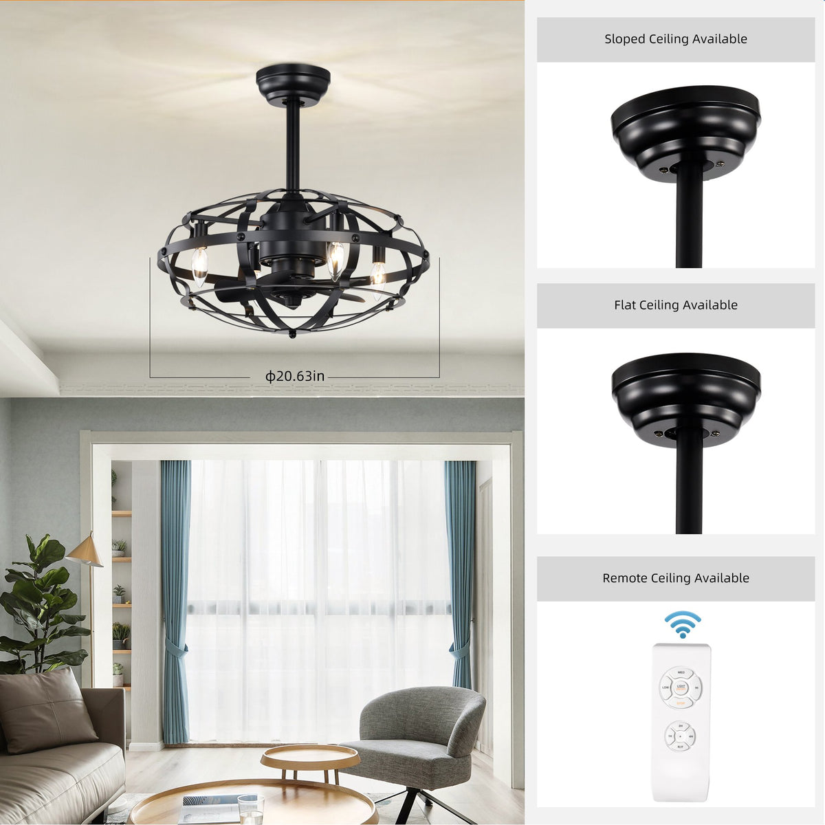 Industrial Bladeless Ceiling Fan with Lights, 18" Caged Design, Reversible Motor, Remote Control, Downrod Mount, E12 Standard Base, Matte Black