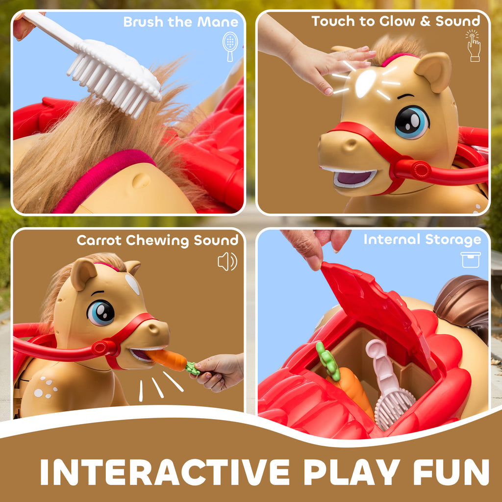 Ride On Horse Toy, 12V Battery Powered Ride on Toy with Carrot Toy, Comb and Sound, Electric Rocking Horse for Toddlers