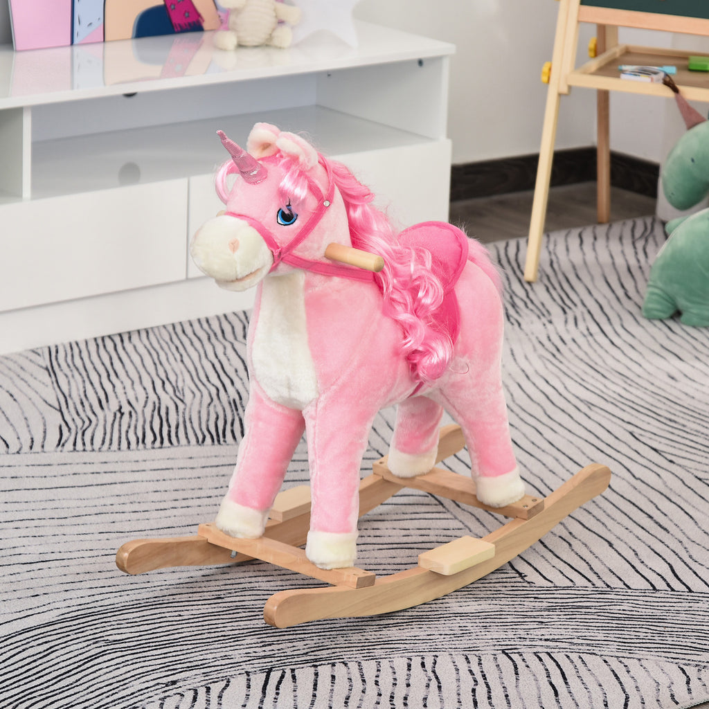 Kids Rocking Horse, Ride on Unicorn with Wooden Base, Tail Wag & Sounds for Toddlers 3-6 Years Old, Pink