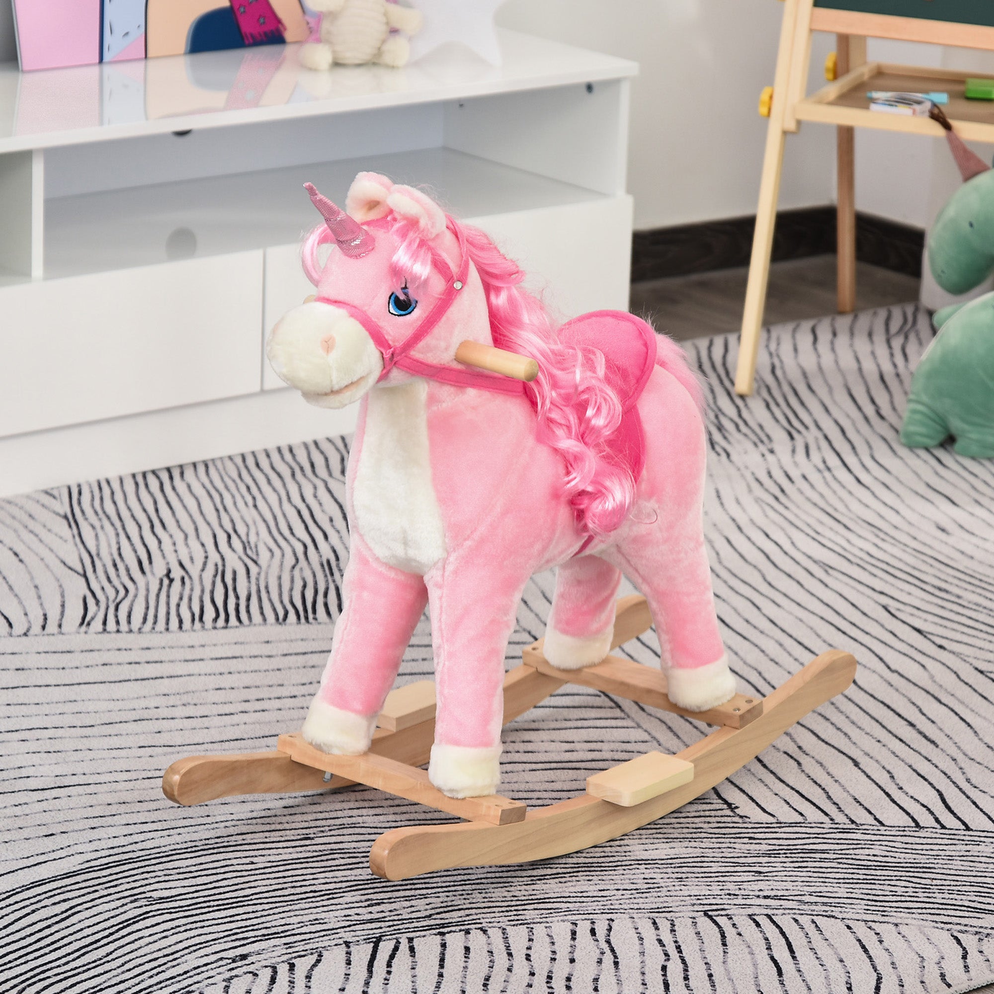 Kids Rocking Horse, Ride on Unicorn with Wooden Base, Tail Wag & Sounds for Toddlers 3-6 Years Old, Pink