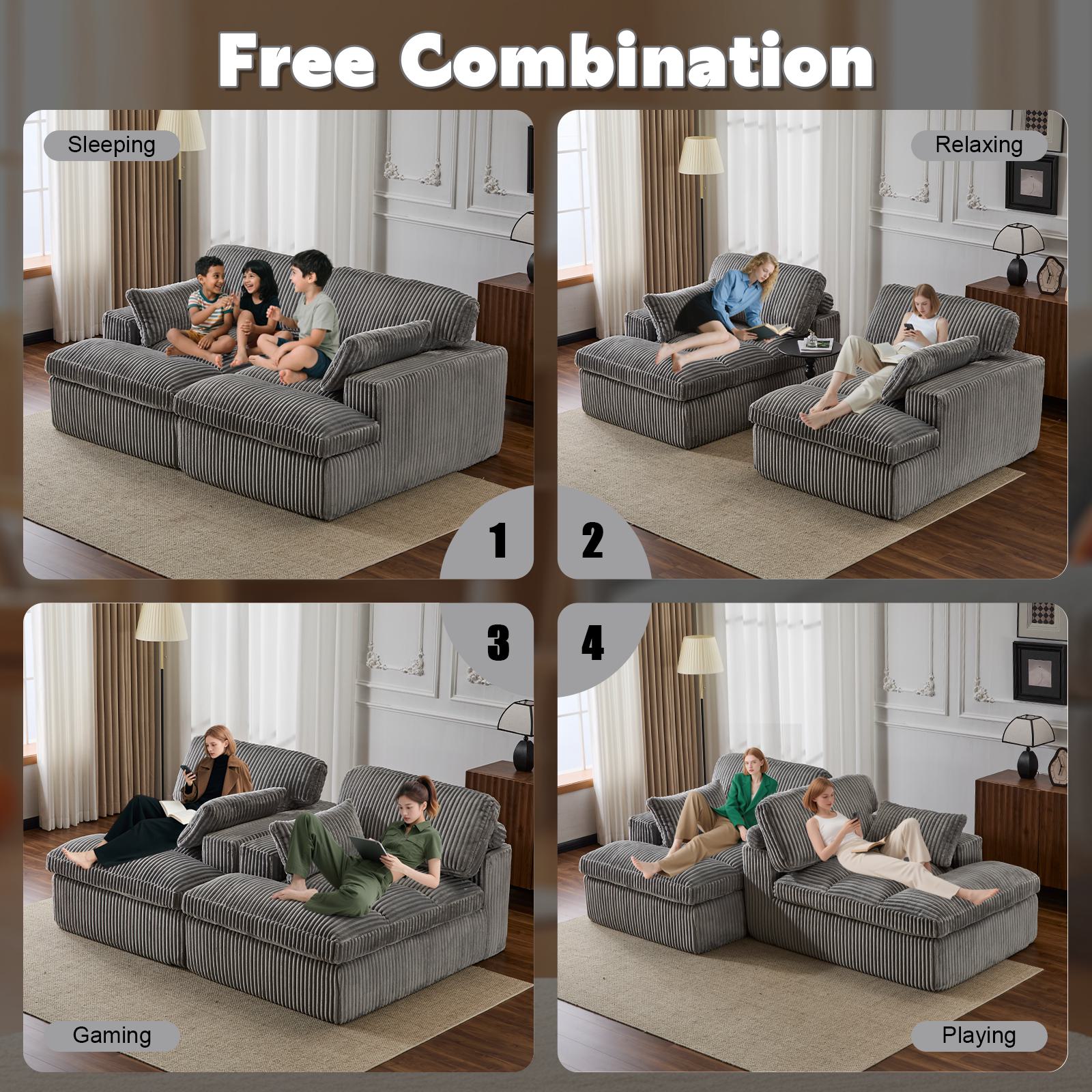 Deep Seat Sofa Double Chaise Lounge Chair with Corduroy Fabric, Compressed Sofa Sectional Loveseat for Apartments, 82.5'' L x 57'' W x 23.5'' H, Grey