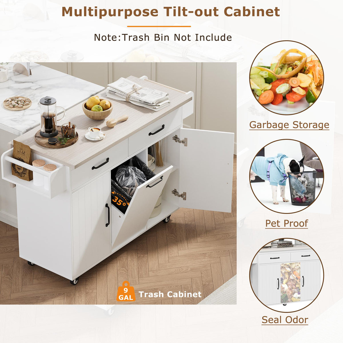 Kitchen Island with Trash Can Storage, Drop Leaf, Spice and Towel Rack, Adjustable Shelf, Utility Cart on Wheels, 51" L x 31.5" W x 35" H, White