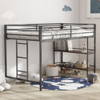 Junior Twin Loft Metal Bunk Bed Frame with Cinnamon Wood Shelf, Full-Length Guardrails, Anti-Noise Design, Easy Assembly, 76.69″ L x 40.94″ W x 49.49″ H, Black