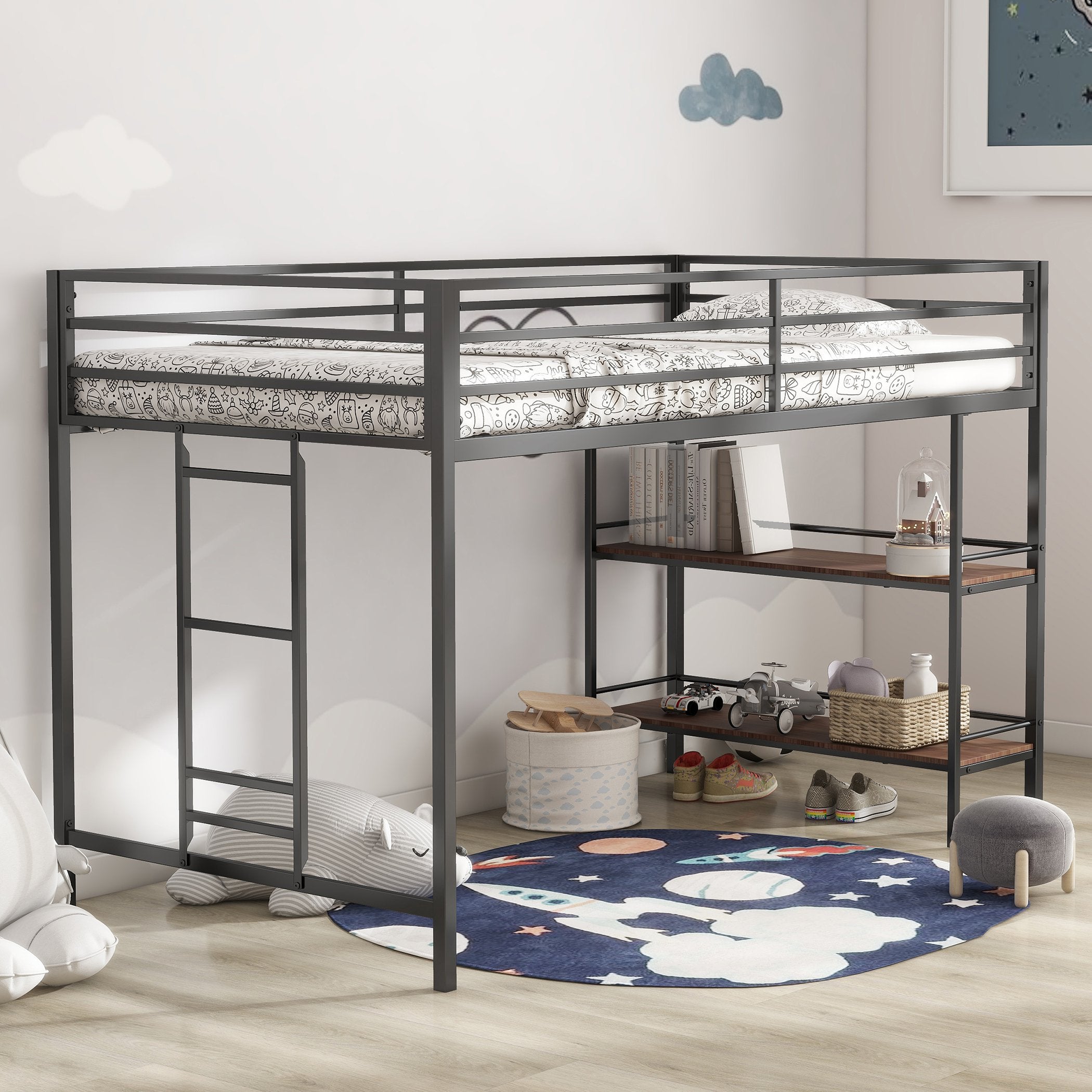 Junior Twin Loft Metal Bunk Bed Frame with Cinnamon Wood Shelf, Full-Length Guardrails, Anti-Noise Design, Easy Assembly, 76.69″ L x 40.94″ W x 49.49″ H, Black