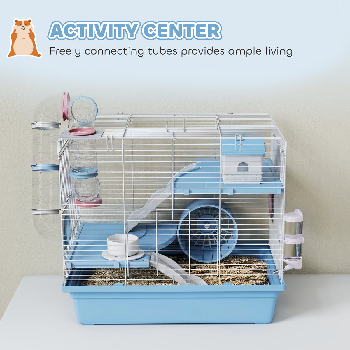 Hamster Cage, 3-Tier Small Animal Cage with Exercise Wheel, Food Bowl, Water Bottle, House, Tunnels, Ramps