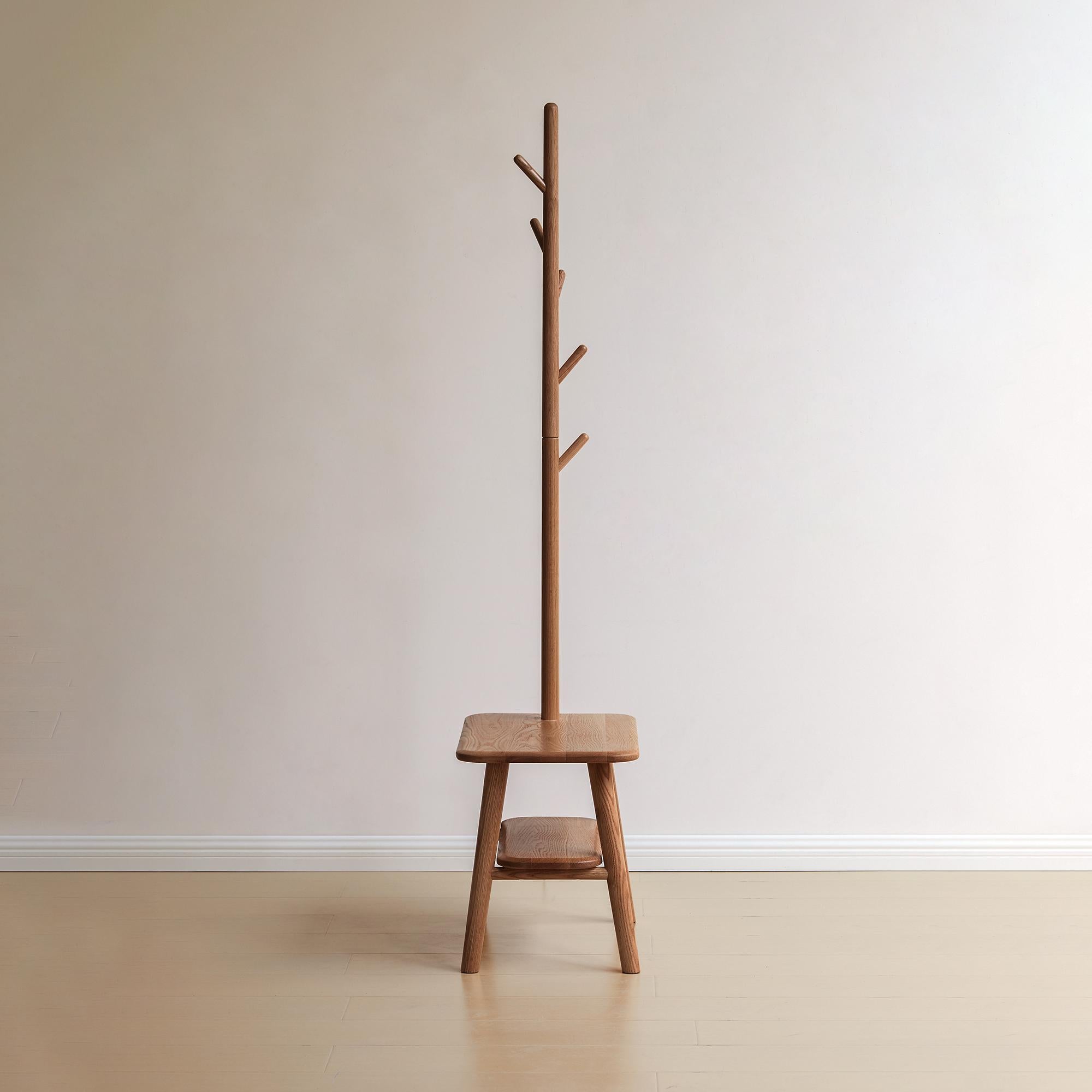 Solid Oak Coat Rack Bench with Shoe Storage and Coat Hanger, Entryway Bench for Compact Apartments, 31.5″ L x 13.5″ W x 65.5″ H, Natural