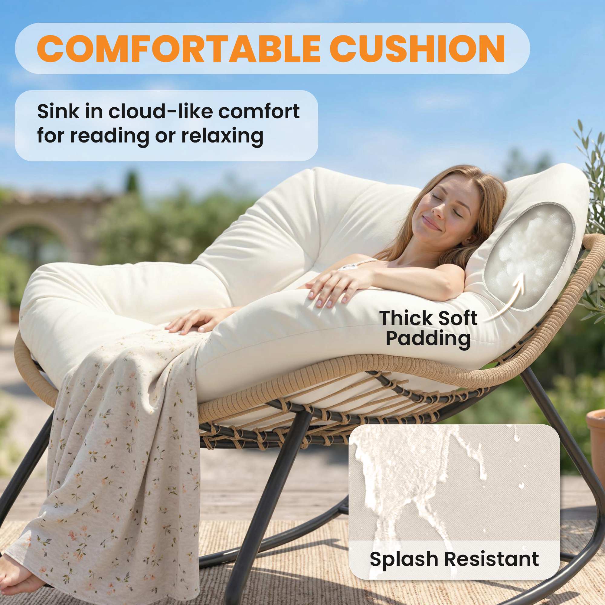 Indoor Outdoor Papasan Rocking Chair, Oversized Rocking Egg Chair with Cushion for Garden, Patio, Beige
