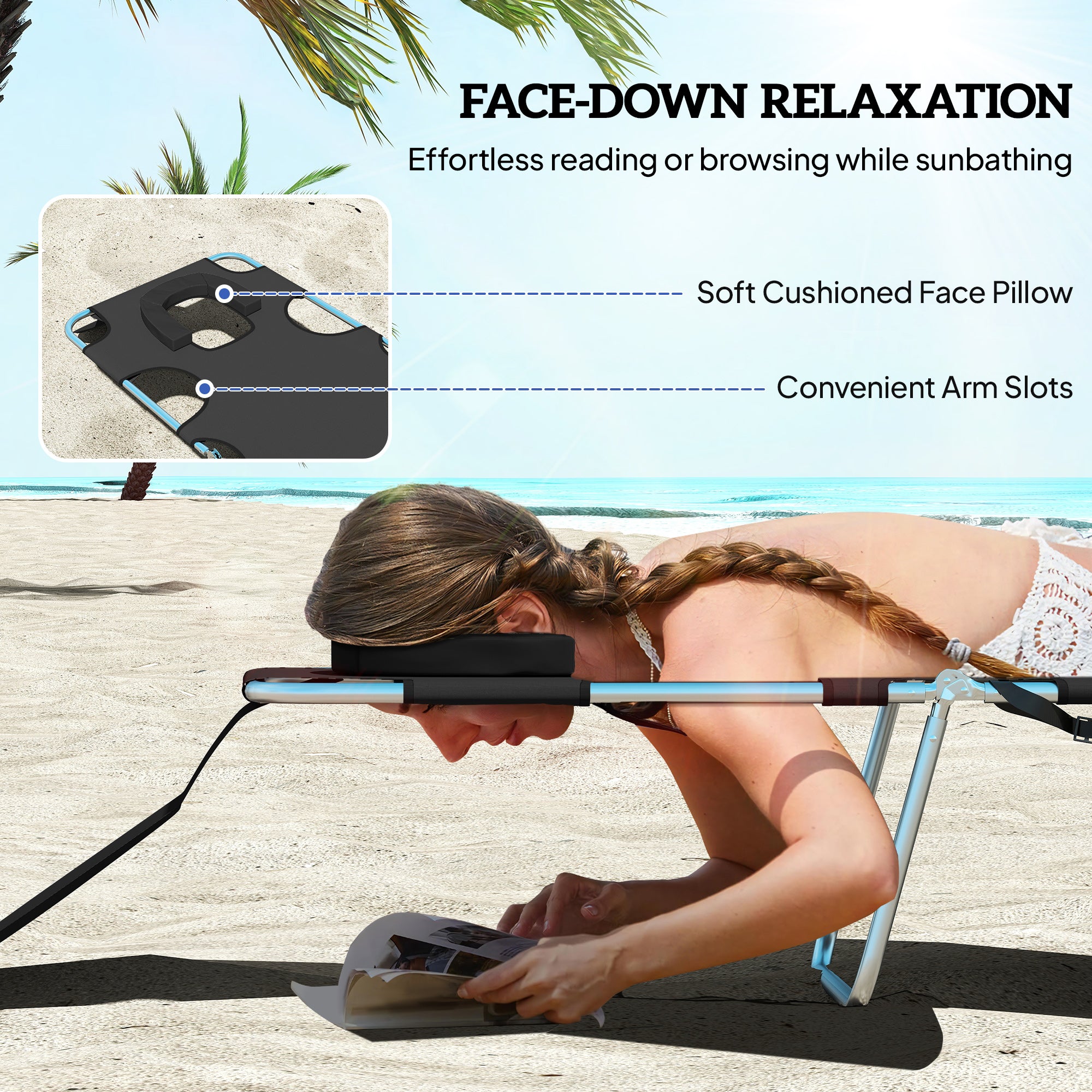Tanning Chair with Face Hole, 5-Level Adjustable Outdoor Chaise Lounge Chair with Pillow for Beach, Pool, Black