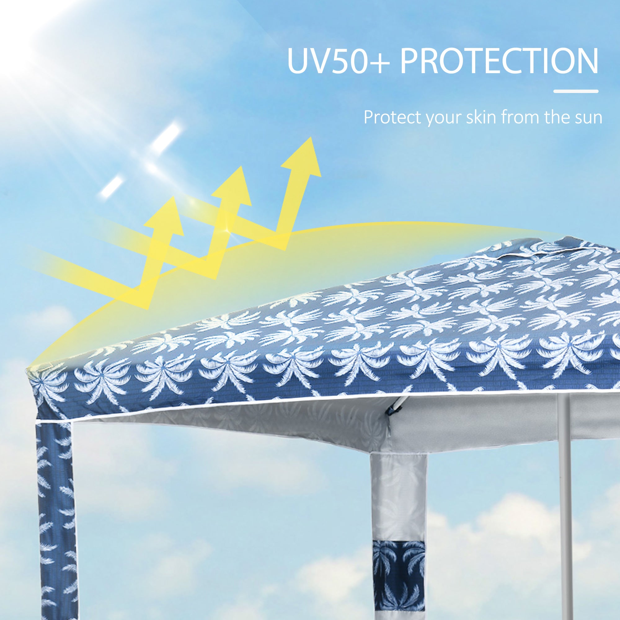 Quick Beach Cabana Canopy Umbrella, 6.5' Easy-Assembly Sun-Shade Shelter with Sandbags and Carry Bag, Cool UV50+ Fits Kids & Family, Blue Coconut Palm