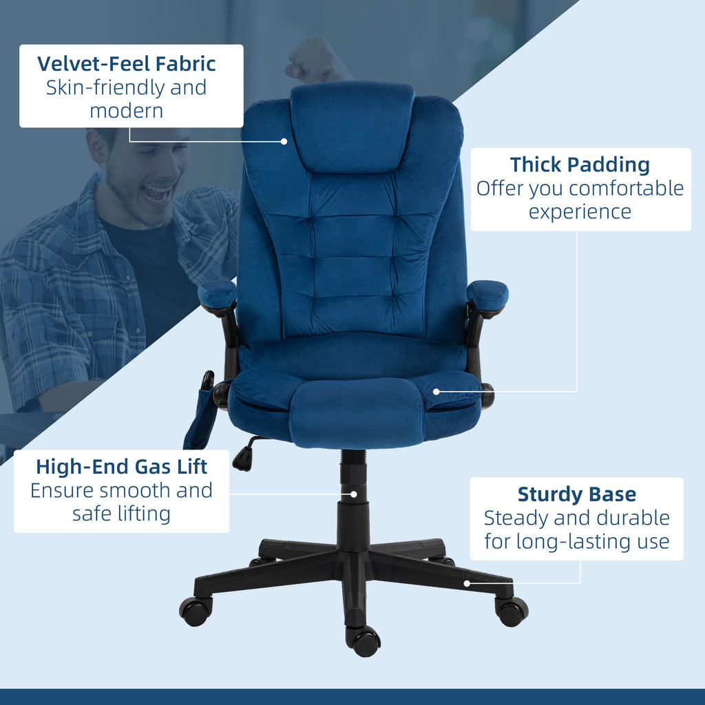 6 Point Executive Office Chair with Heat, Velvet High Back Vibrating Massage Office Chair, Drak Blue