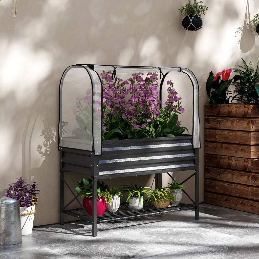Raised Garden Bed with Legs and Cover, Metal Elevated Planter Box with Bottom Shelf and Liner for Vegetables, Black