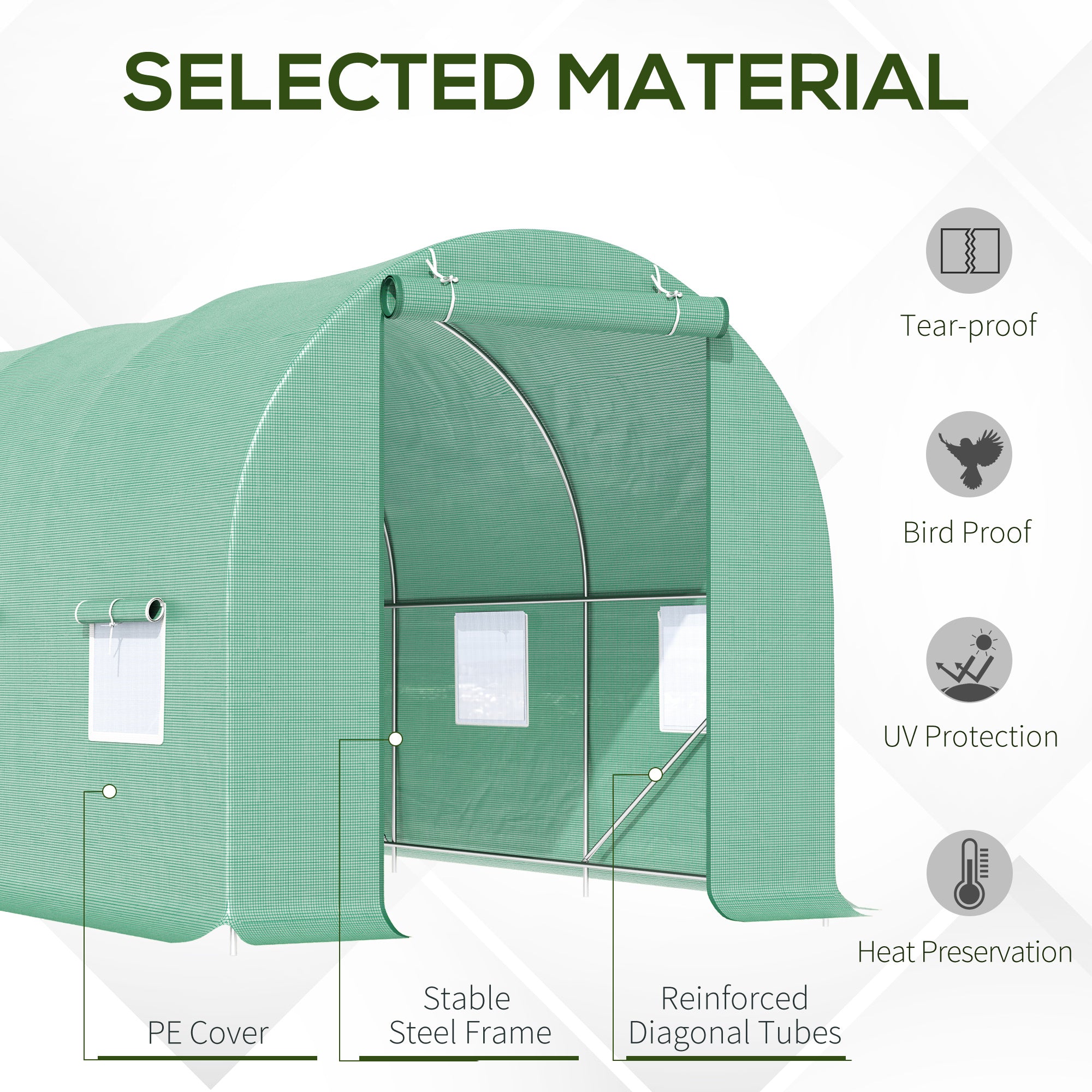 15' x 7' x 7' Walk-in Tunnel Hoop Greenhouse, Green House for Outside with PE Cover, Steel Frame, Roll-Up Zipper Door & Windows for Flowers, Vegetables, Tropical Plants, Green