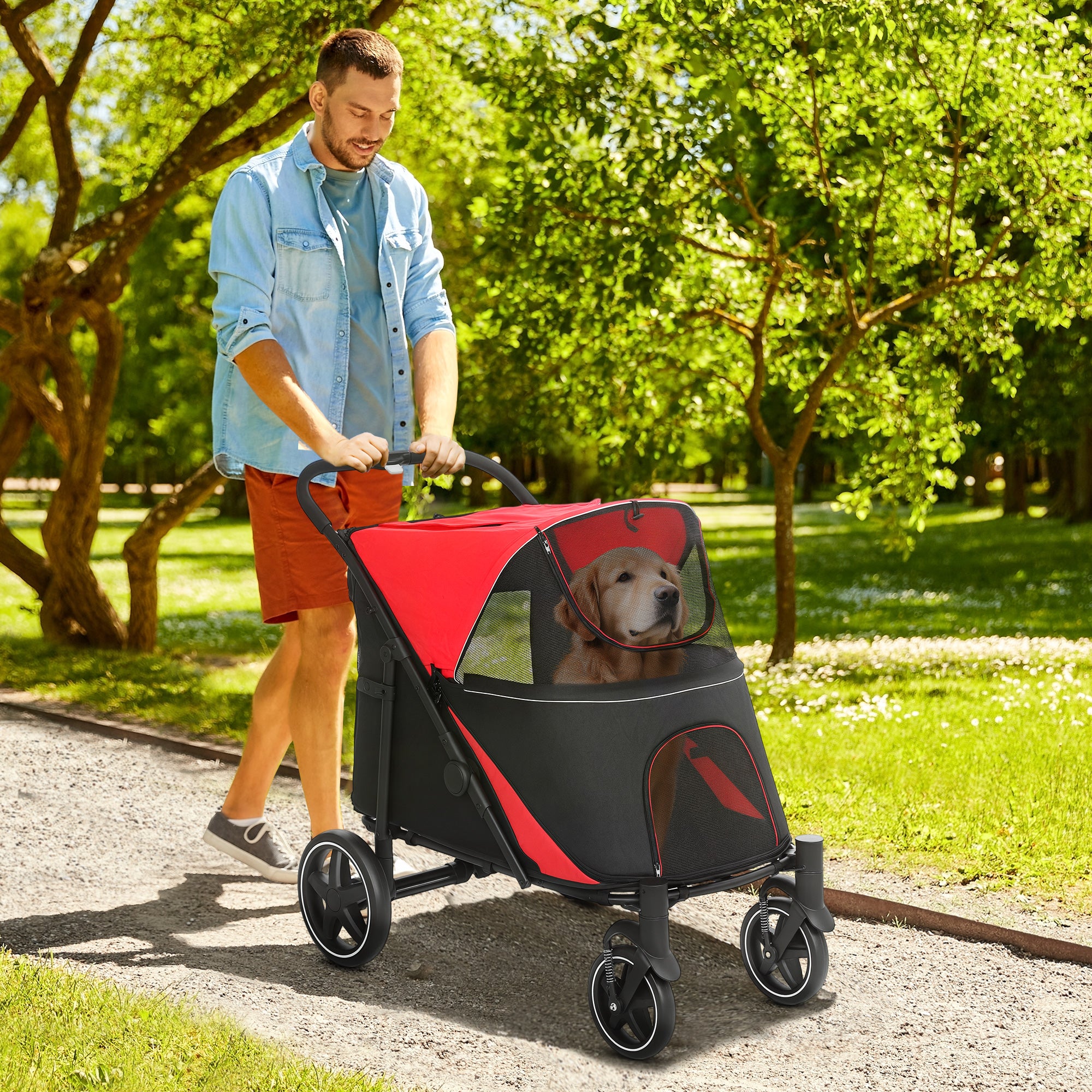 Dog Stroller for Large Medium Small Dogs up to 66 Lbs. 23.5" in Body Length, One-Click Foldable Pet Cat Stroller with Storage, Shock Absorption Wheels, Mesh Window, Safety Leash, Red