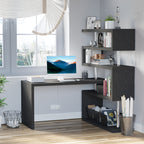 94" 5 Tier L-Shaped Computer Desk Rotating Writing Table Corner Desk with Display Shelves and Stainless Steel Frame, Black