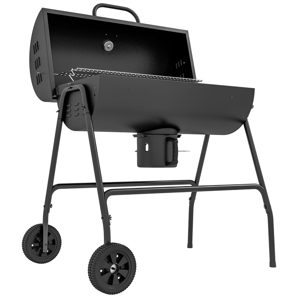 Barrel Charcoal BBQ Grill, Barbecue with 420 sq.in. Cooking Area, Wheels, Ash Catcher, Black