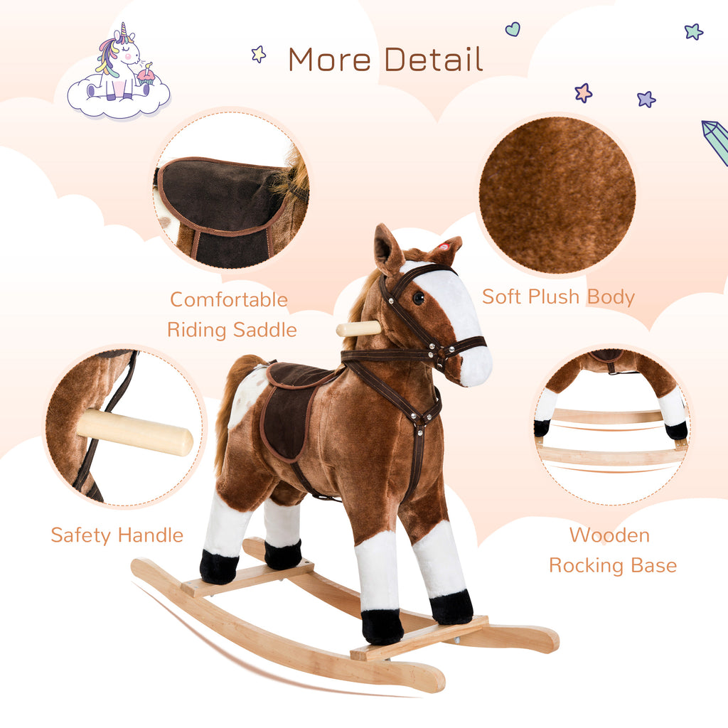 Kids Plush Toy Rocking Horse Pony Toddler Ride on Animal for Girls Pink Birthday Gifts with Realistic Sounds, Brown