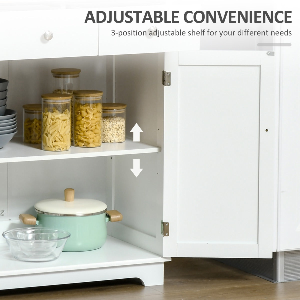 Kitchen Storage Cabinet, Sideboard Floor Cupboard with Solid Wood Top, Adjustable Shelf, and 2 Drawers for Living Room, and Hallway, White