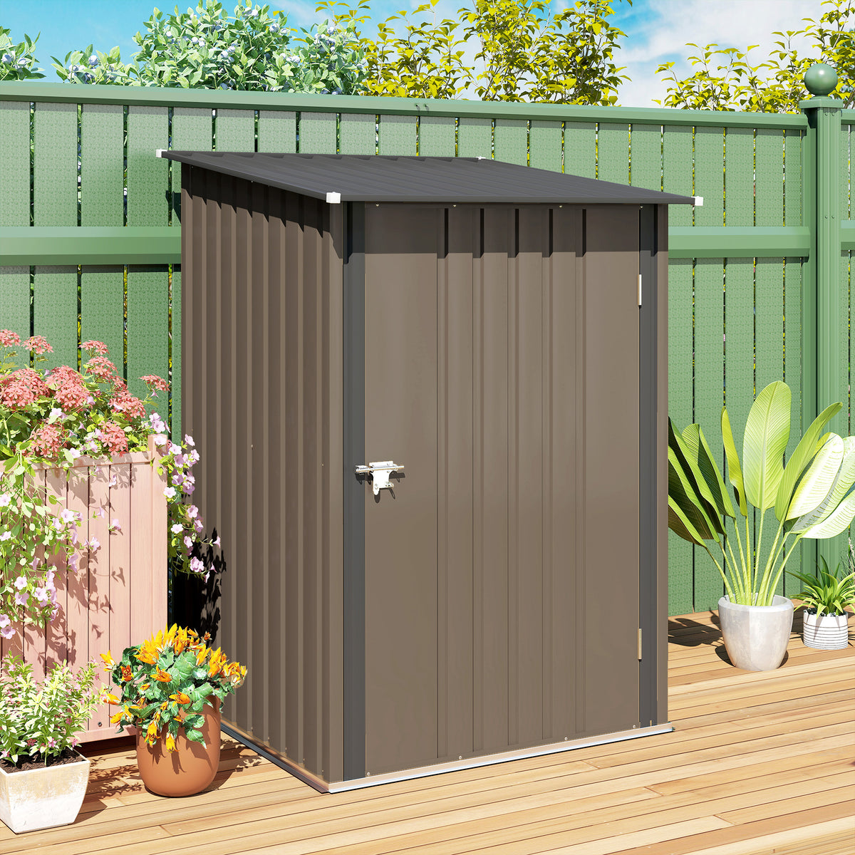 Outdoor 3.3' x 3.4' Lean-to Garden Storage Shed, Galvanized Steel Tool House with Lockable Door for Patio, Brown