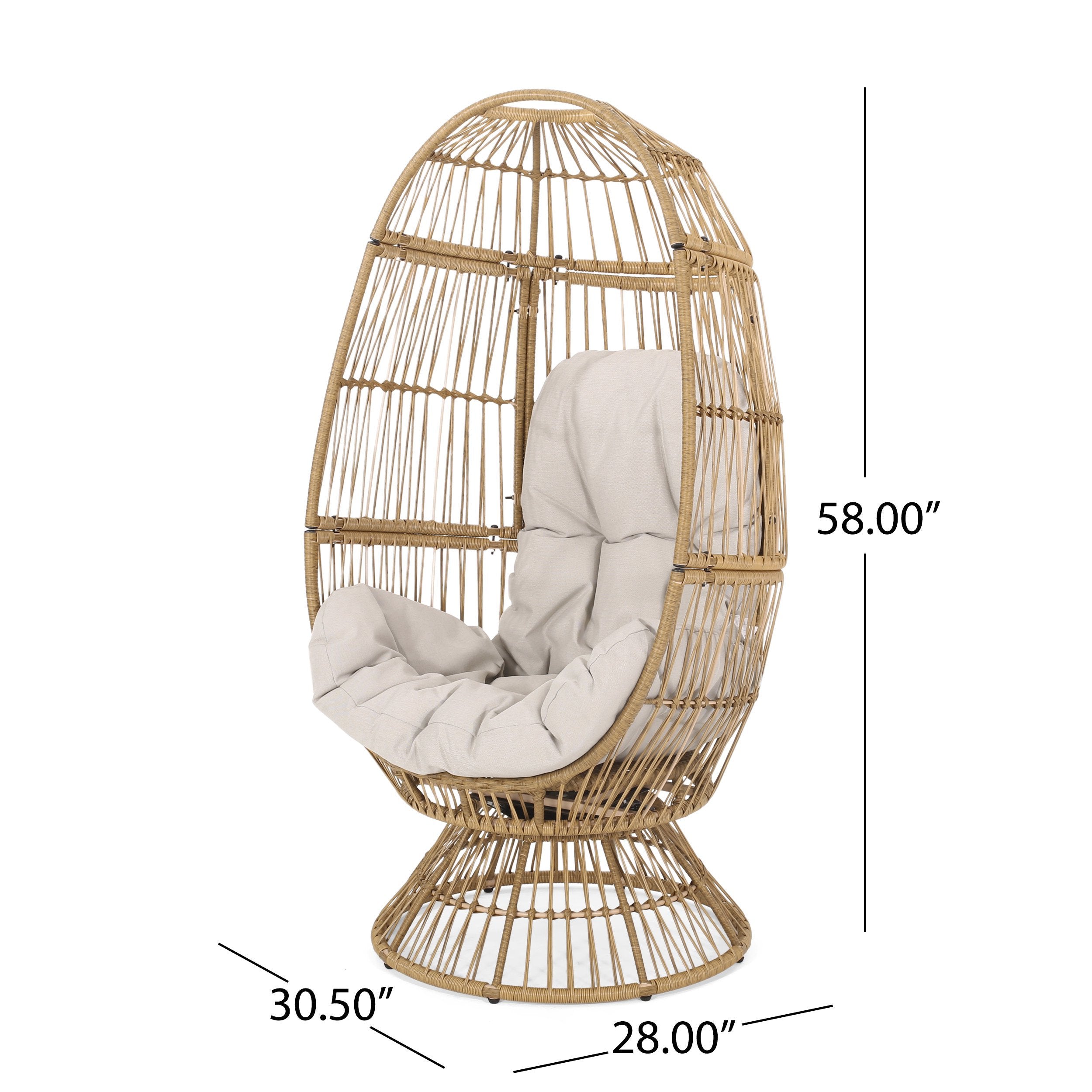 Wicker Outdoor Patio Swivel Egg Chair with Basket Shape Design and Water-Resistant Cushions, 30.5" L x 28" W x 58" H, Natural