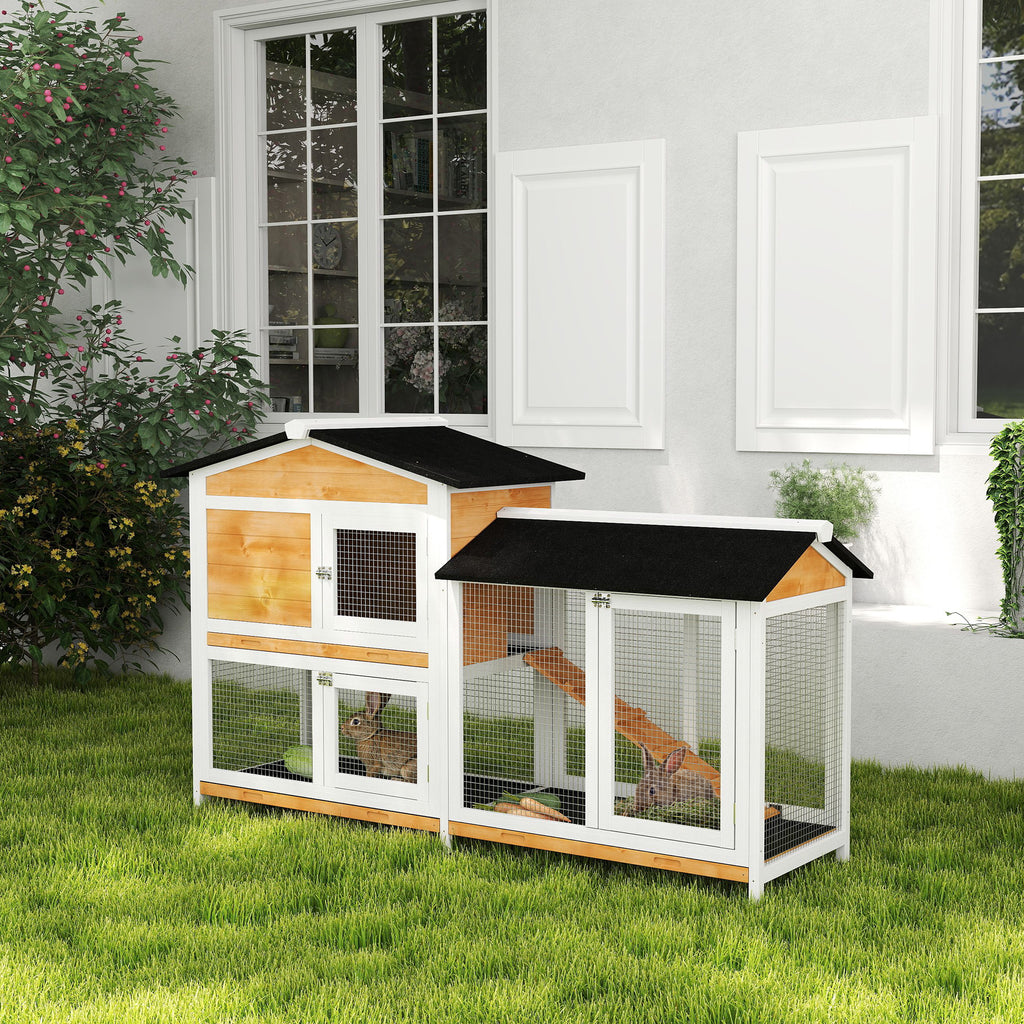 62" Rabbit Hutch, Wooden Bunny Hutch, Guinea Pig Cage, Small Animal Enclosure with Run Area, Removable Tray, Asphalt Roof, Lockable Doors and Ramp, for Rabbits, Chickens, Ducks, Nature Wood