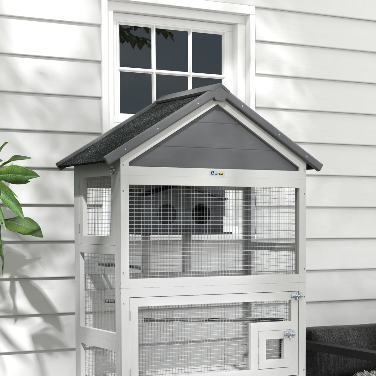 Wooden Bird Aviary with Slide-Out Tray, Birdhouse, Ladder, Perches for Finches, Parakeets, Gray