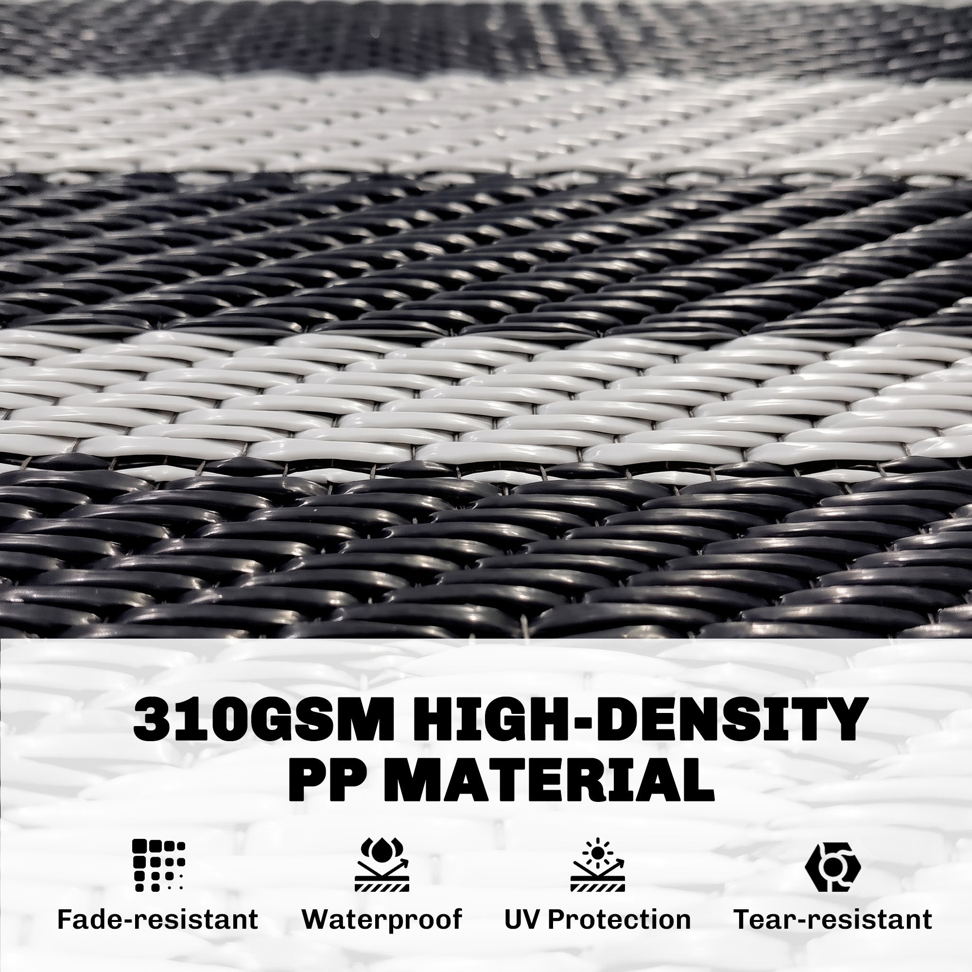Reversible Outdoor Rug, Waterproof Plastic Straw with Carry Bag, 9' x 18', Black & White Square Patchwork
