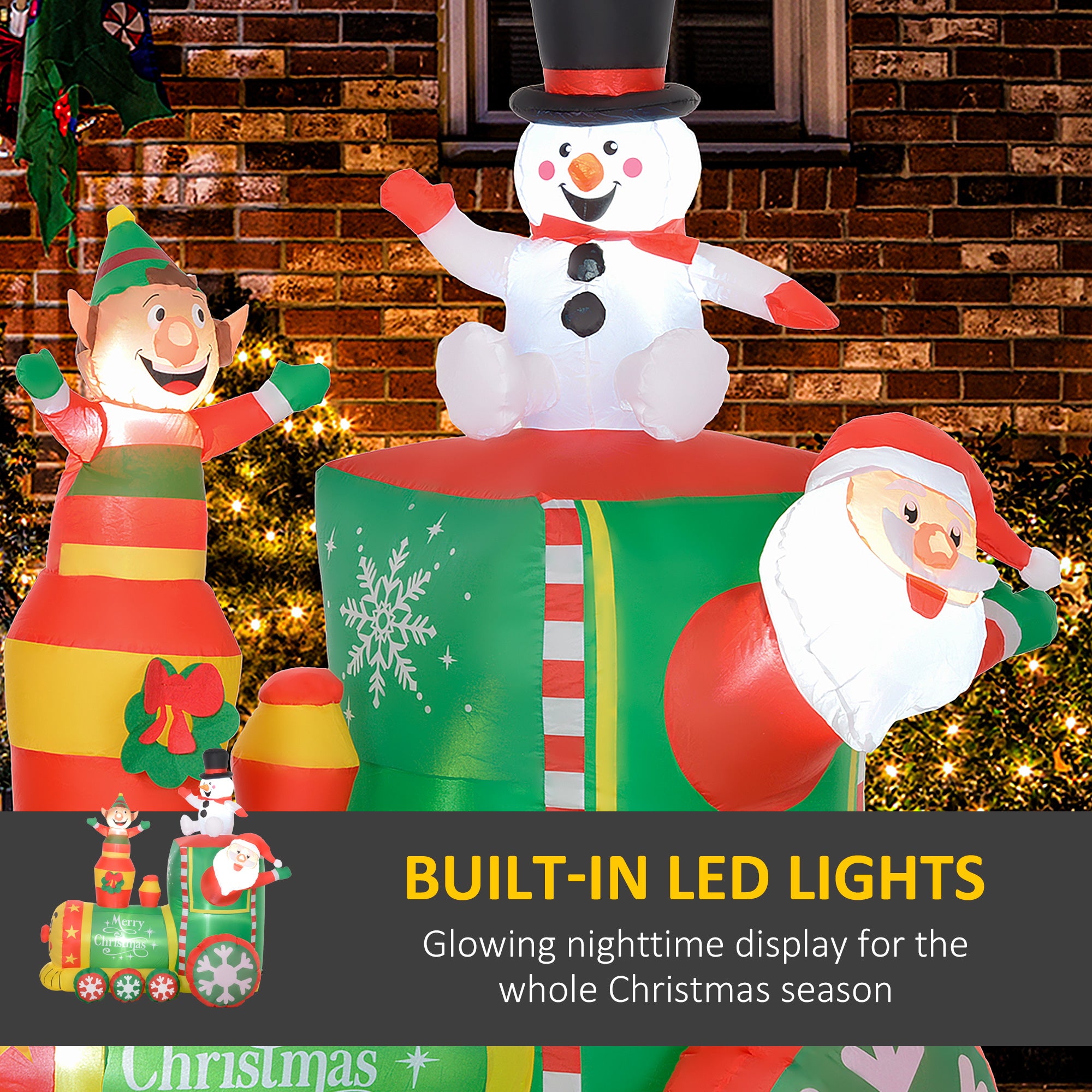 6FT Inflatable Train with Santa Claus, Snowman, Blow-Up Outdoor Display w/ White LED Lights for Party