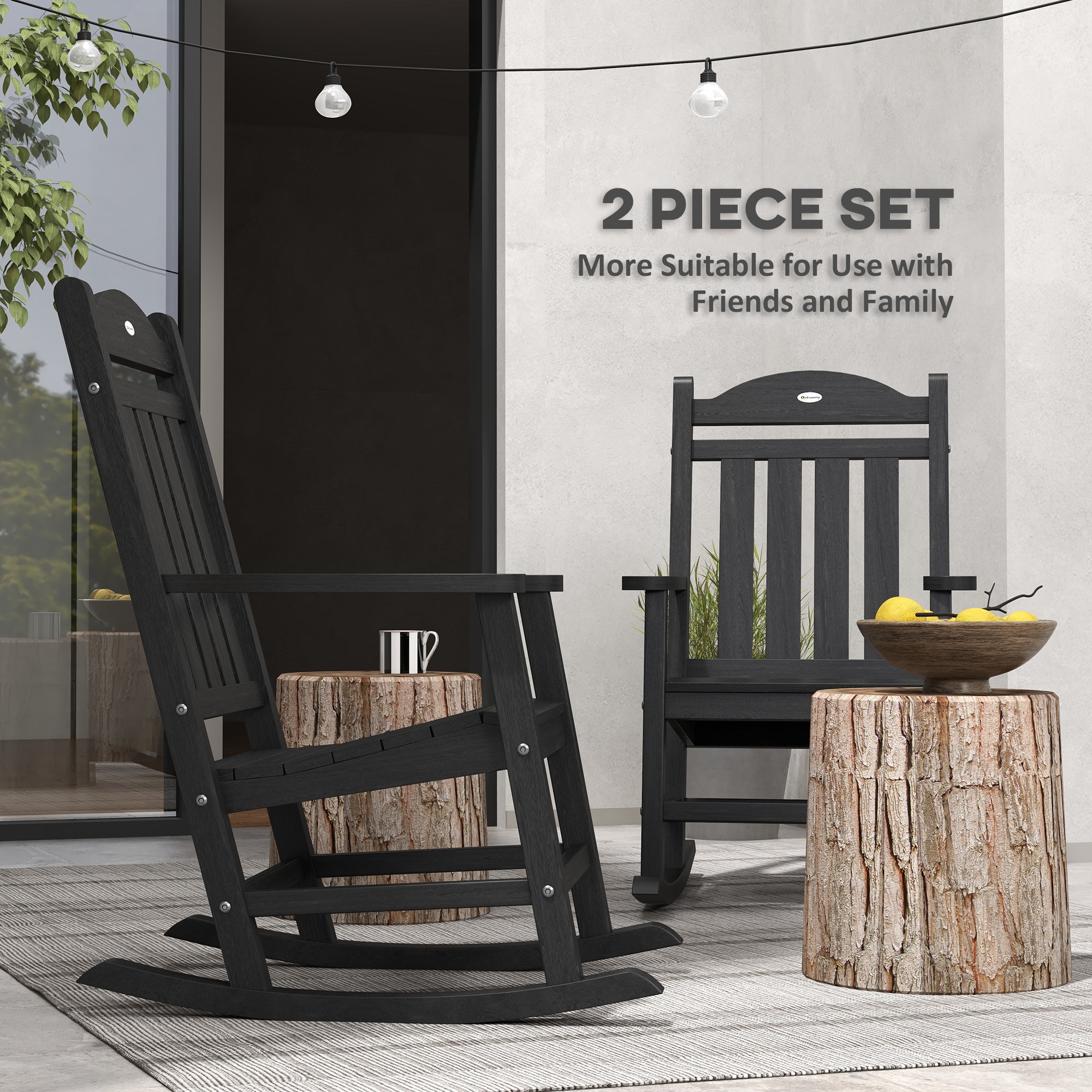 2PCs Outdoor Rocking Chair with Armrests, Fade-Resistant Waterproof HDPE for Indoor & Outdoor, Black