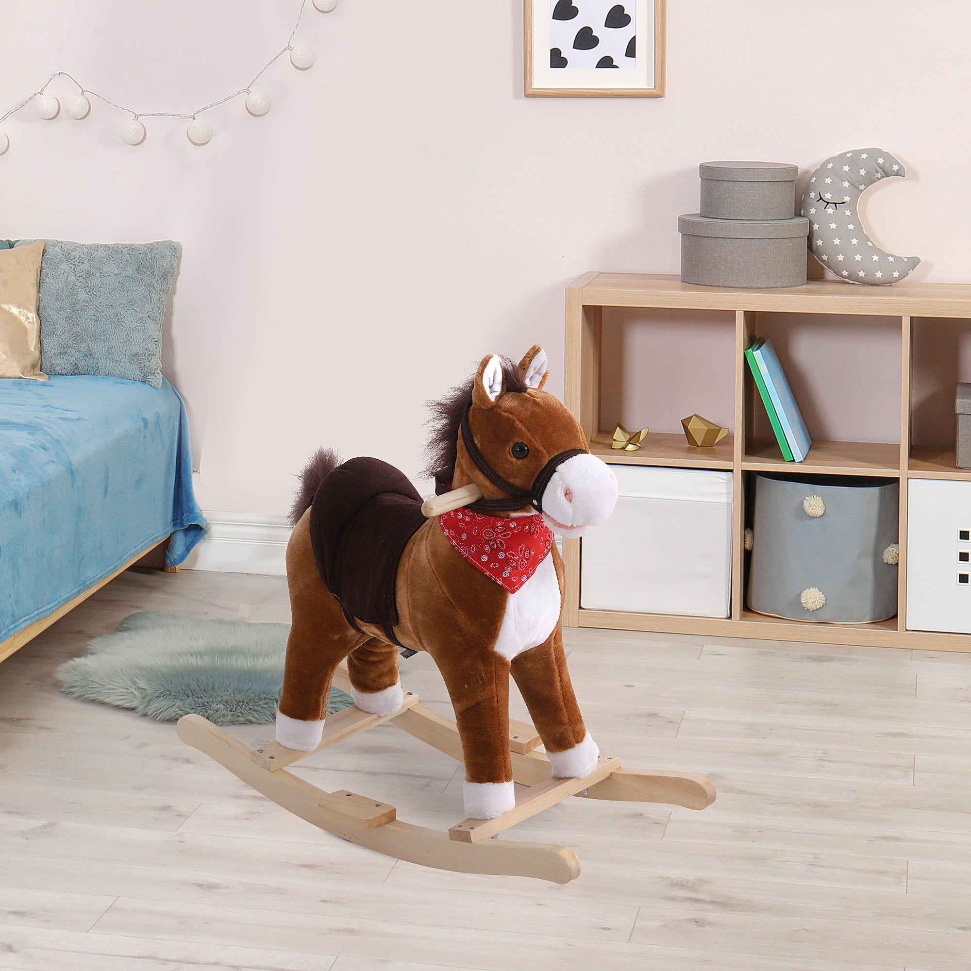 Kids Ride on Rocking Horse Plush Toy with Realistic Sounds and Red Scarf for Over 3 Years Old Birth Gift