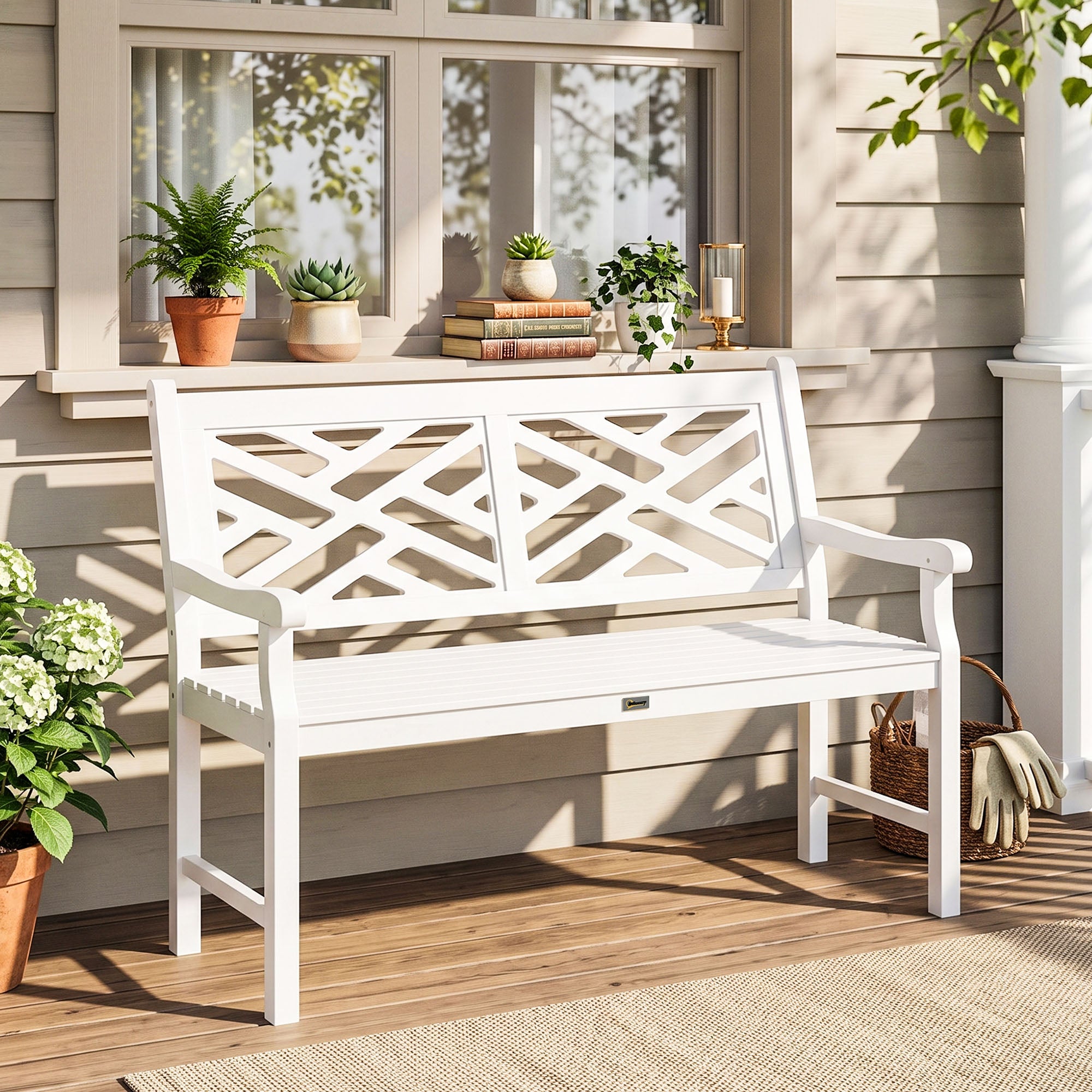 Outdoor Garden Bench, Wooden Frame Patio Bench with Geometric Pattern, 43.25 Inch Weatherproof 2-Person Love Seat for Garden, Lawn, Porch, Yard, Work Entryway, White