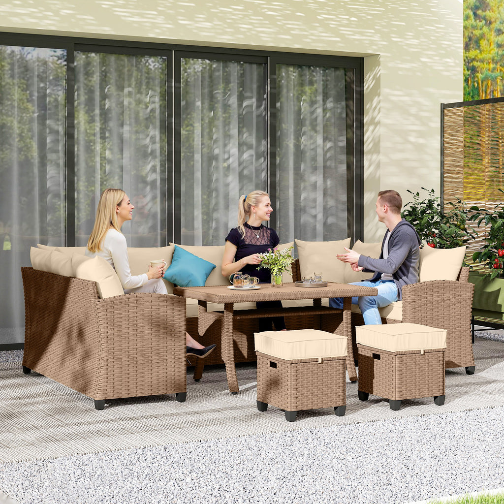 6 Piece Patio Furniture Set, PE Wicker Outdoor Furniture Conversation Set with 3 Sofas, 2 Ottomans and Slatted WPC Top Dining Table, All Weather Sectional Sofa Couch with Pillows, Khaki