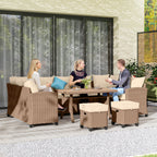 6 Piece Patio Furniture Set, PE Wicker Outdoor Furniture Conversation Set with 3 Sofas, 2 Ottomans and Slatted WPC Top Dining Table, All Weather Sectional Sofa Couch with Pillows, Khaki