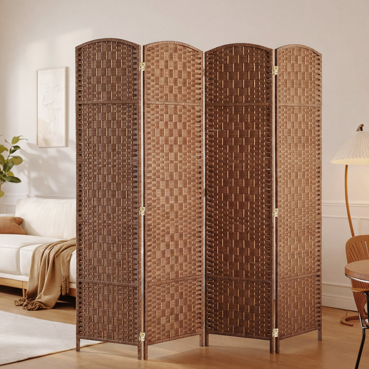 Room Divider 4 Panel, 6FT Tall Folding Privacy Screen, Freestanding Hand-Woven Partition for Room Separation with 360° Hinges, Paper Rope Diamond Weave, Natural