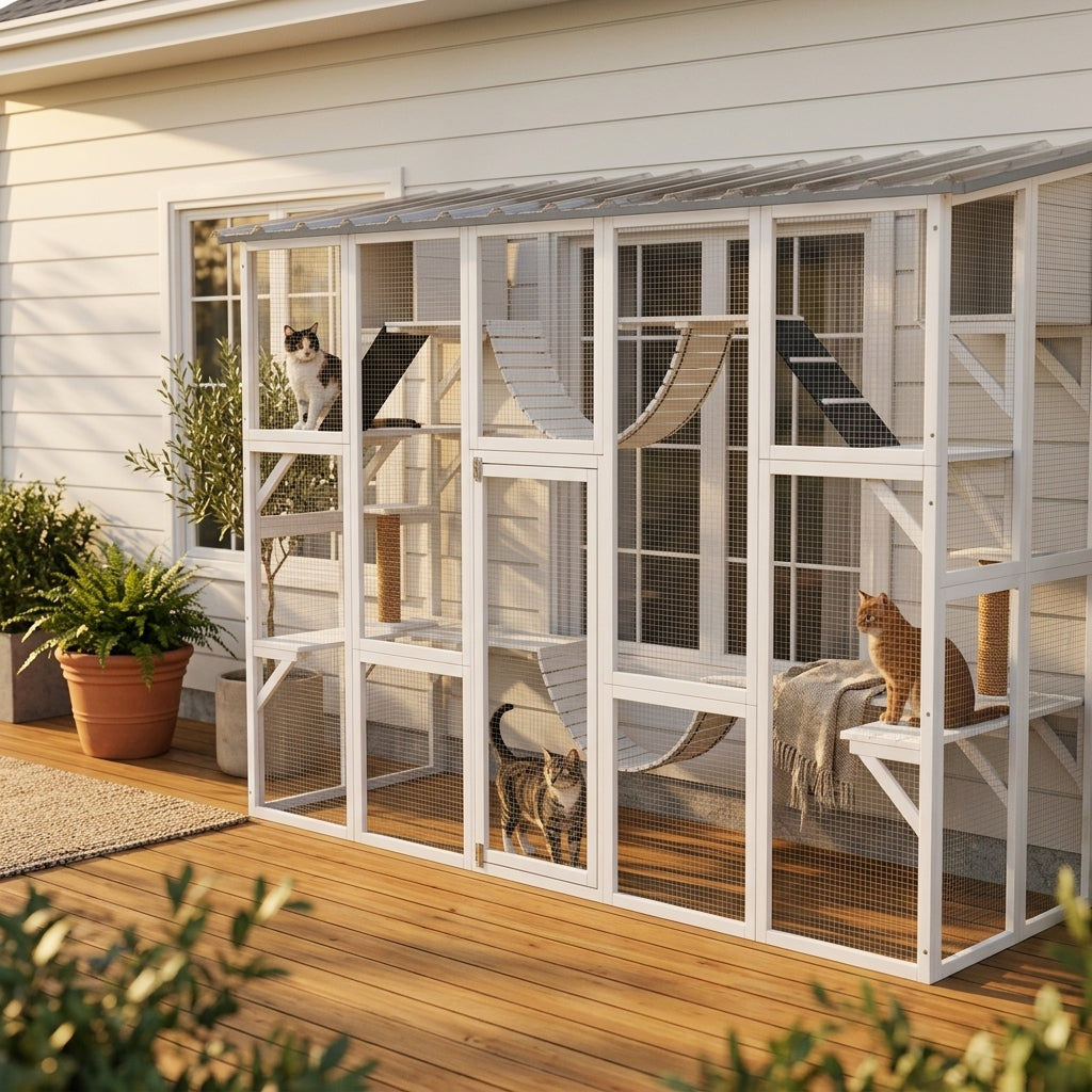 118" Large Outdoor Catio Cat Enclosure with Condos, Bridges & Posts, White