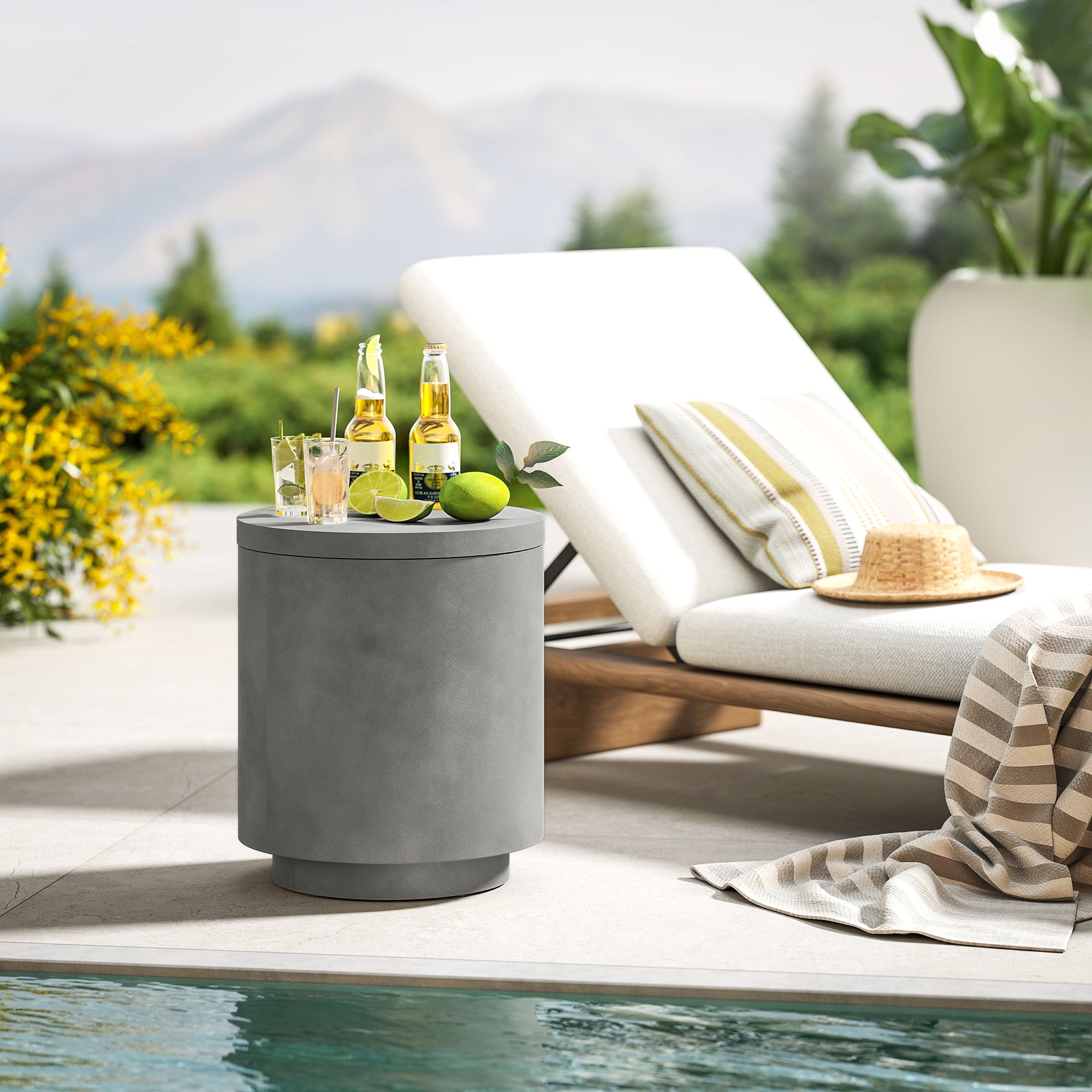 2.6 Gal Outdoor Side Table, 3-In-1 Concrete Cooler Bar Table with Storage, Removable Ice Bucket and Lid, Gray