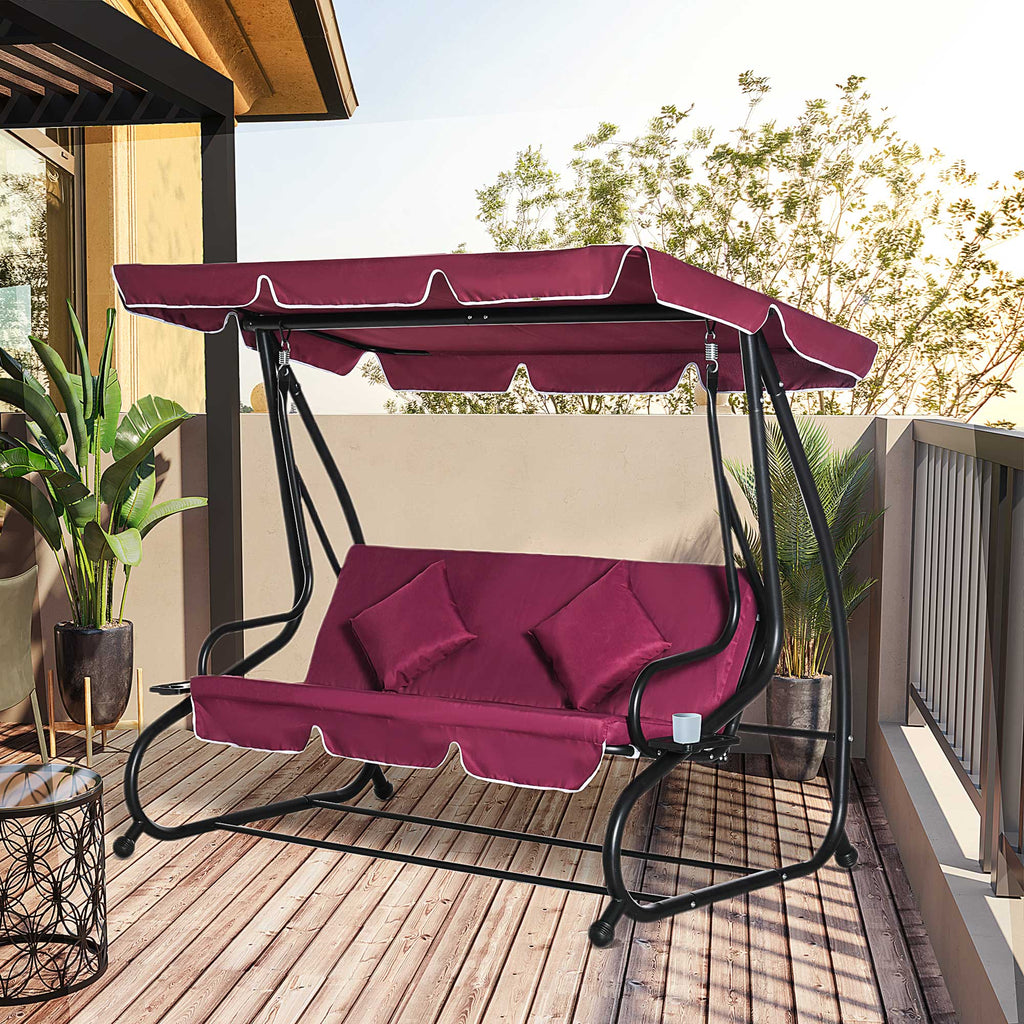 3-Seat Outdoor Patio Swing Chair, Converting Flatbed, Outdoor Swing Glider with Adjustable Canopy, Removable Cushion and Pillows, for Porch, Garden, Poolside, Backyard, Red