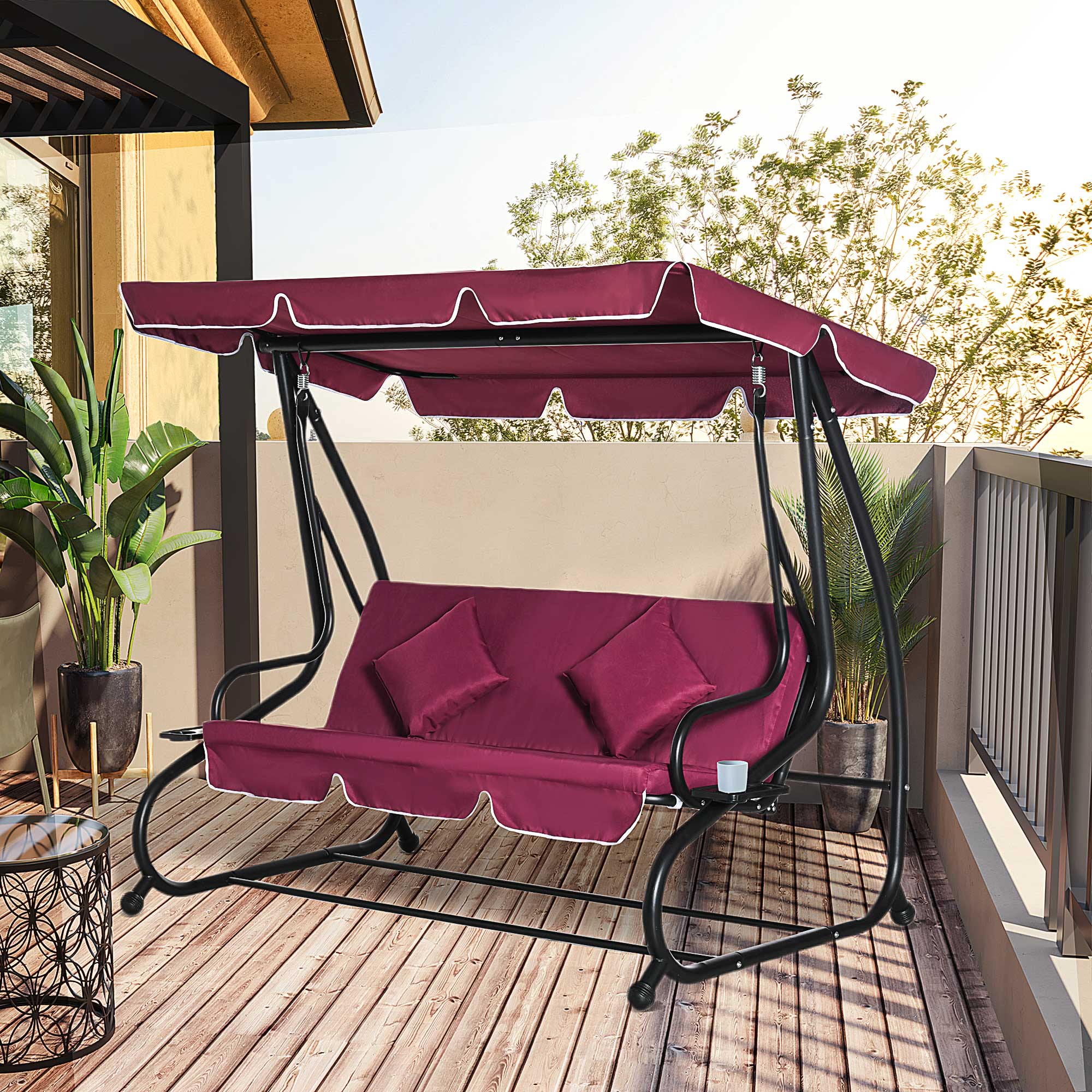 3-Seat Outdoor Patio Swing Chair, Converting Flatbed, Outdoor Swing Glider with Adjustable Canopy, Removable Cushion and Pillows, for Porch, Garden, Poolside, Backyard, Red