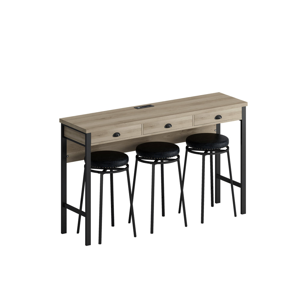 3-Drawer Long Dining Table Set with Power Outlets, Circular PU Stools, Easy Assemble, 60.24"L x 15.75"W x 35.43"H, Black