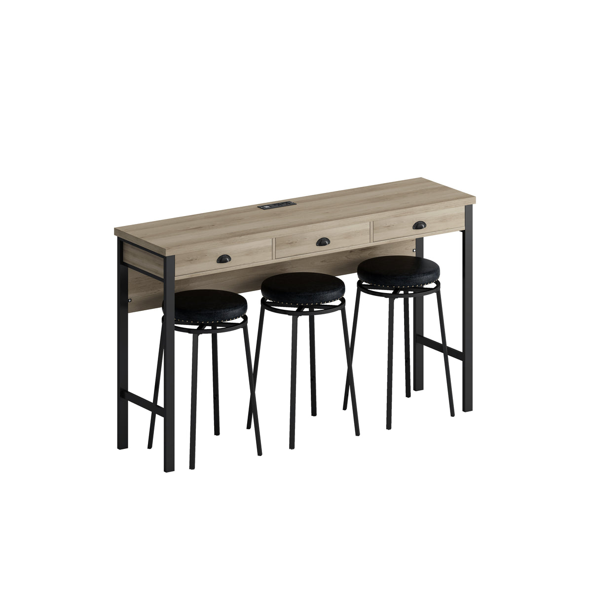 3-Drawer Long Dining Table Set with Power Outlets, Circular PU Stools, Easy Assemble, 60.24"L x 15.75"W x 35.43"H, Black