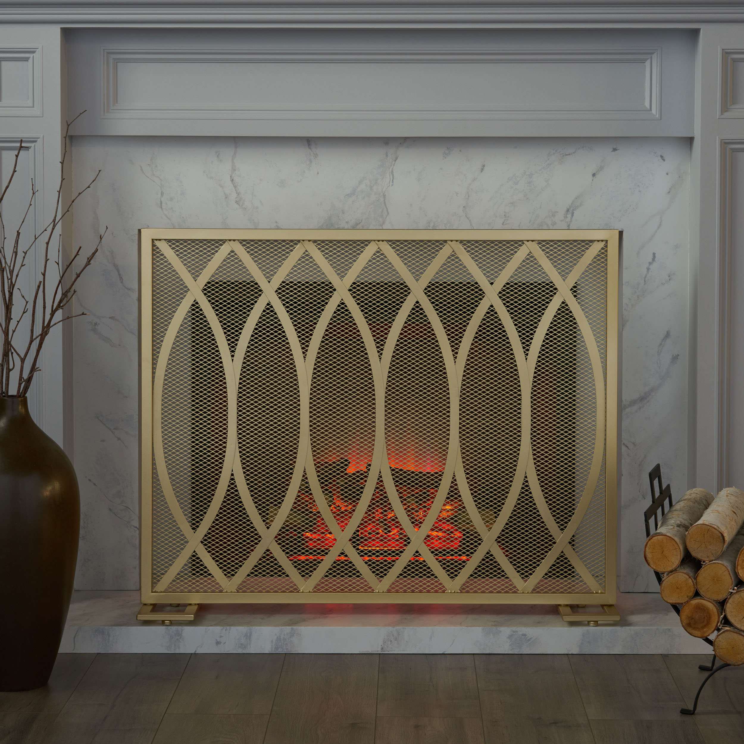 Modern Iron Fire Screen with Single Panel Design and Fine Mesh, Geometric Pattern, and Easy Assembly, 39.75" L x 8" W x 32.25" H, Gold