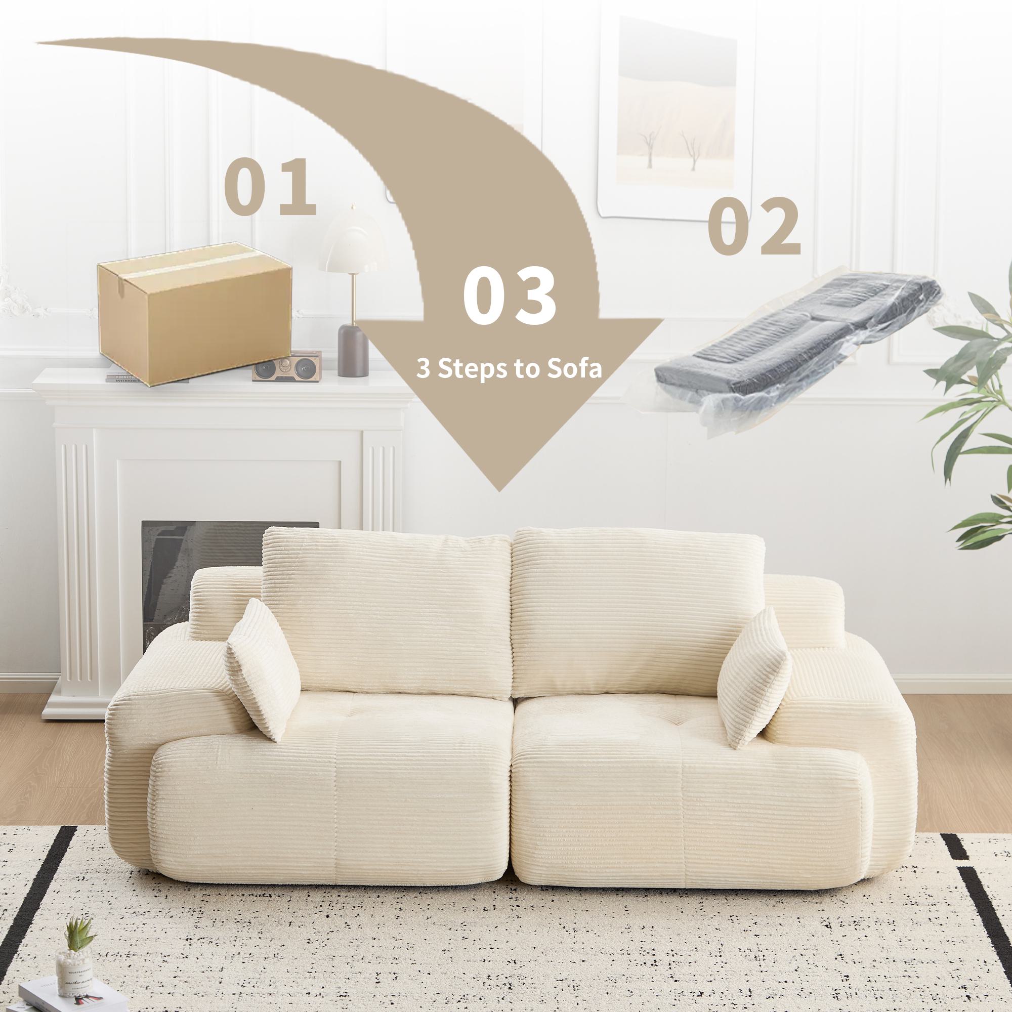 Compressed Sofa 2-Seater Large Sectional Couch with Pet-Friendly Corduroy Fabric, Two Seater Couch Memory Foam Sofa for Living Room, 84" L x 41" W x 28.5" H, Beige