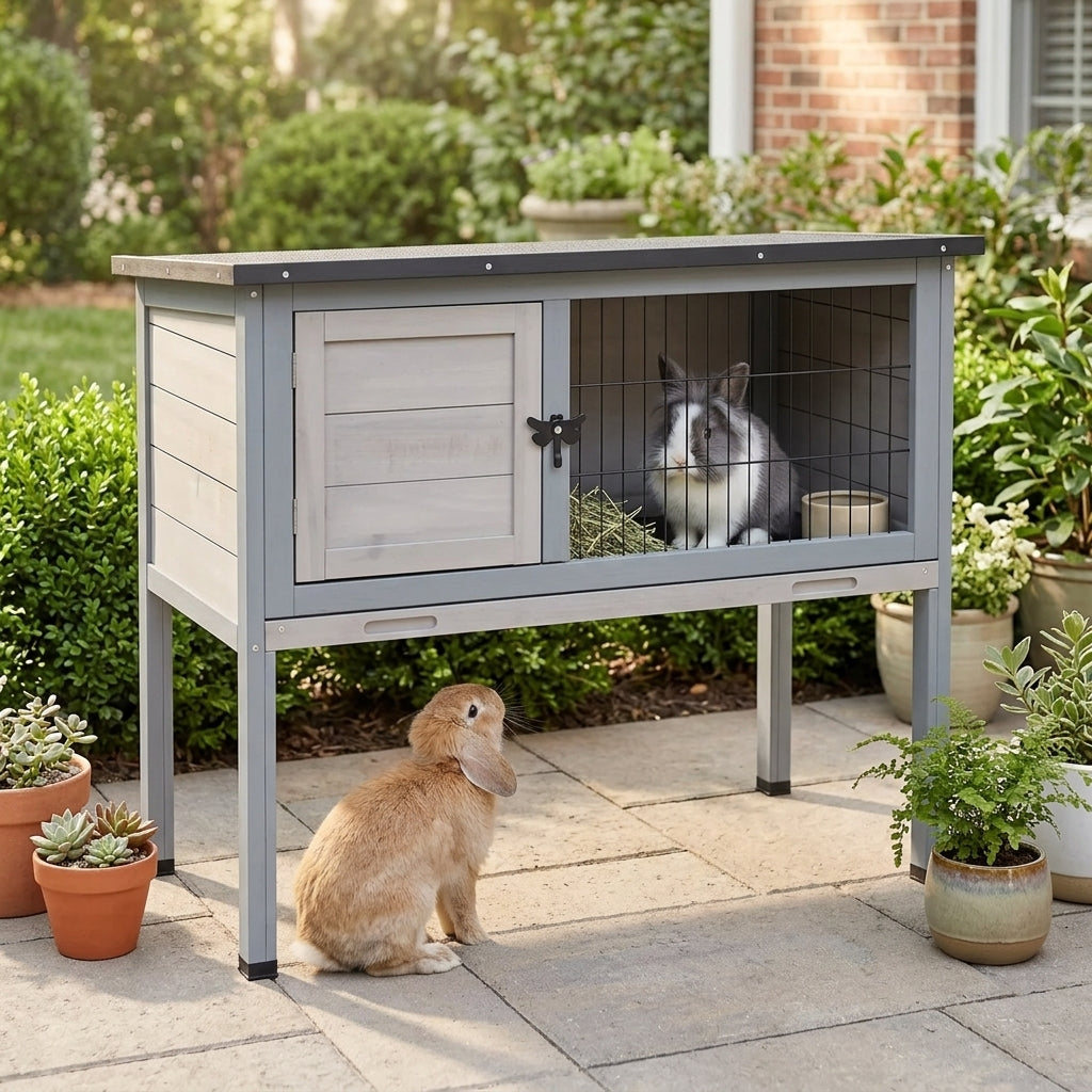 Elevated Rabbit Hutch, Wooden Bunny Cage with Hinged Asphalt Roof and Removable Tray, for Indoor/Outdoor, Gray