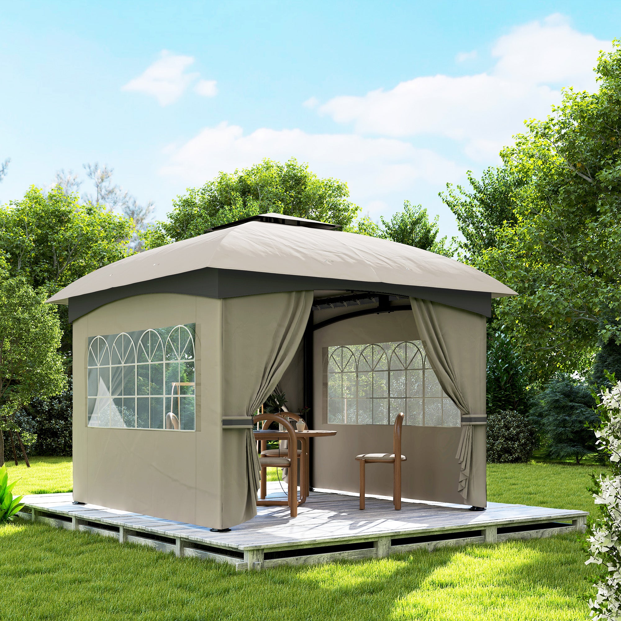 11' x 11' Outdoor Gazebo, Double Roof Patio Gazebo with Curtains, Church Windows, Galvanized Steel Frame, Light Gray