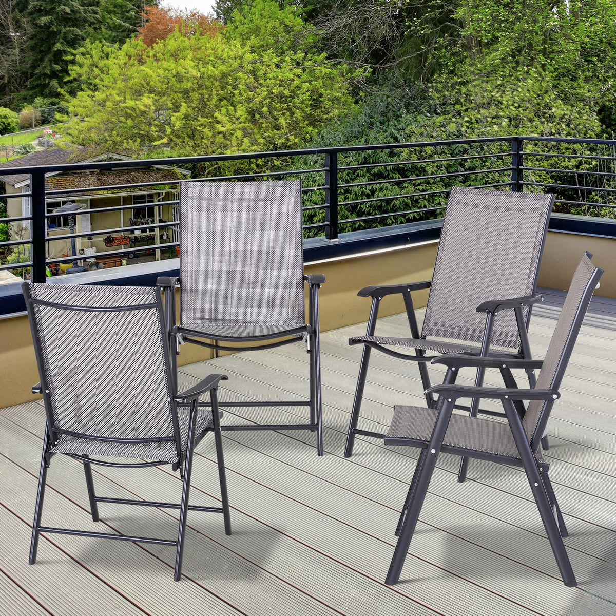 Set of 4 Outdoor Folding Chairs, Stackable Patio Dining Chairs with Armrests, Metal Frame, Gray