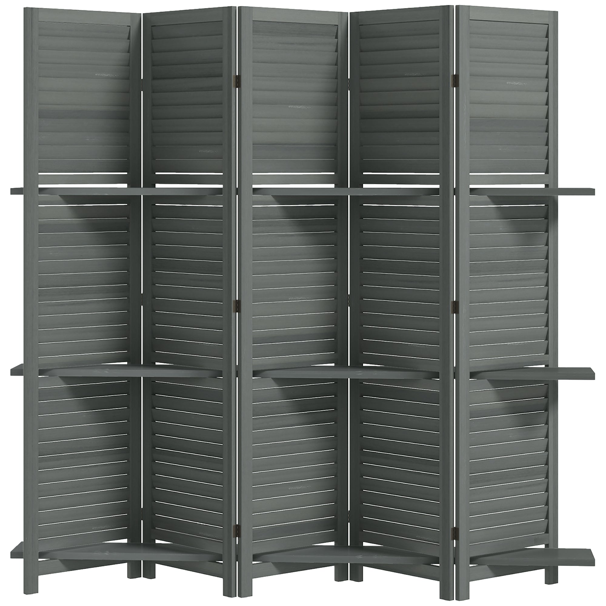 5 Panel 67" Tall Wood Privacy Screen Room Divider with 3 Shelves and Folding Storage for Bedroom, Gray