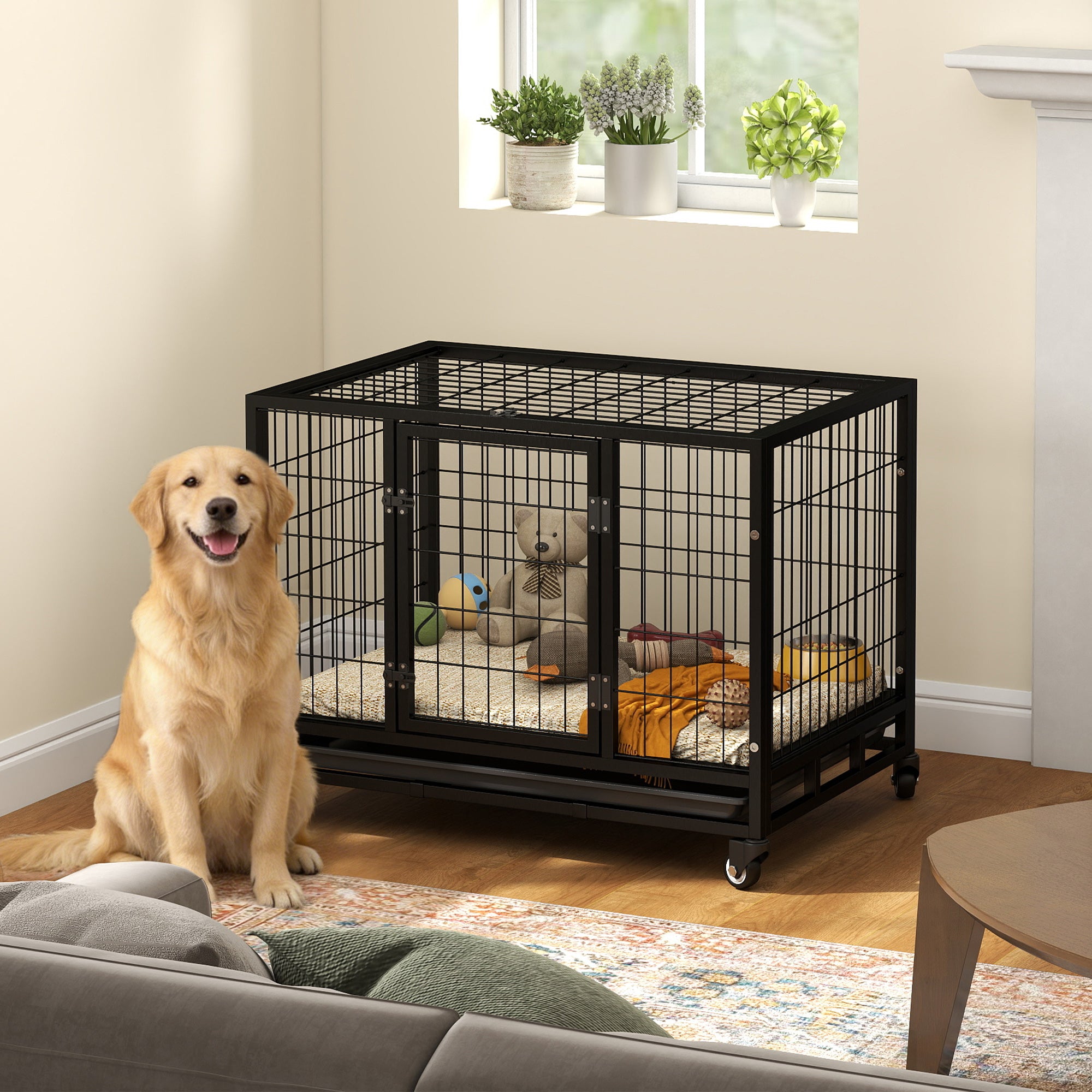 36" Heavy Duty Dog Crate with Removable Tray, Lockable Wheels and Double Door, for Medium and Large Dogs, Black
