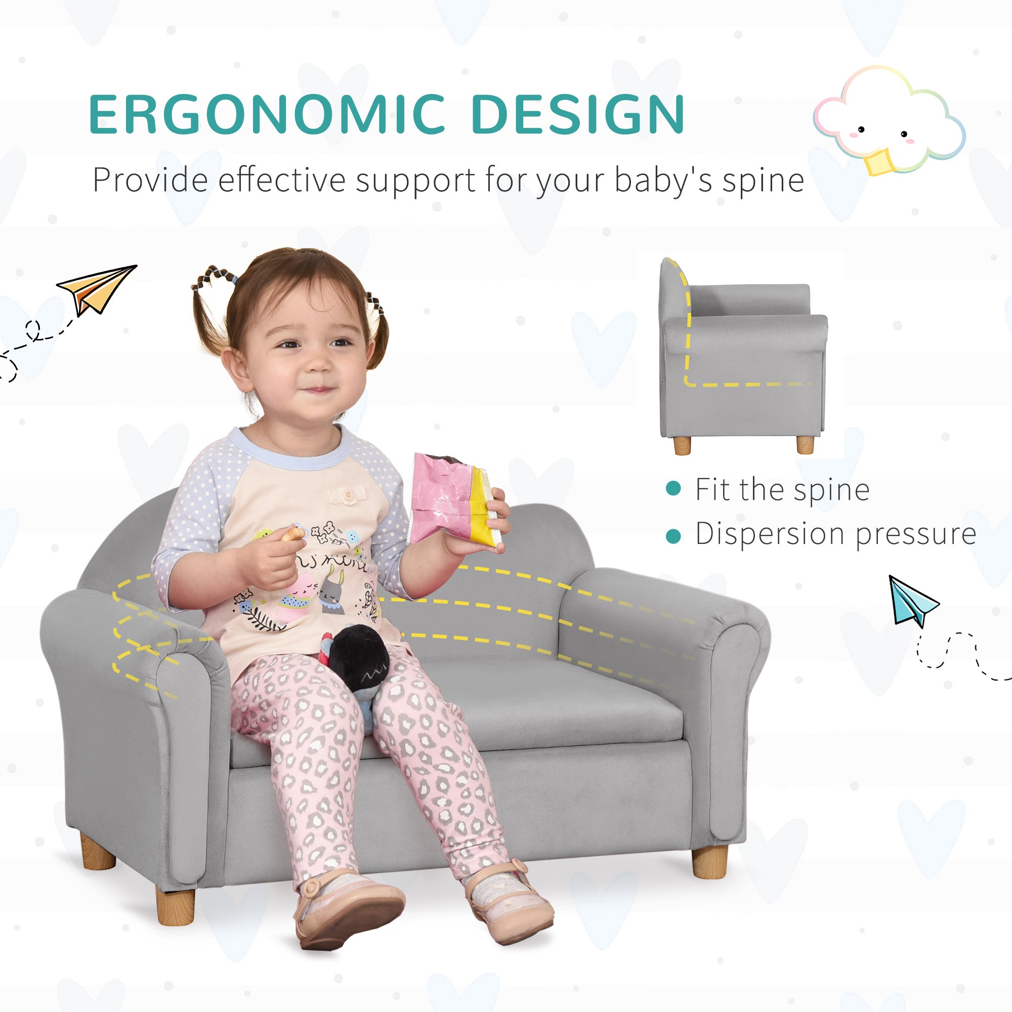 Ergonomic Foam Kids Sofa with Inner Toy Storage Chest, Velvet Kids Couch with Soft Arms, Children's Lounge Furniture, 33" x 16.25" x 19", Gray