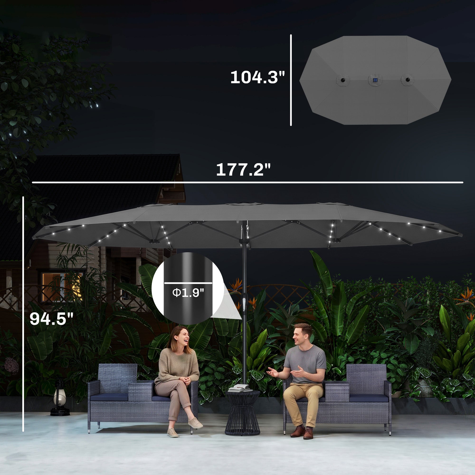 Garden Parasol, Double-Sided Sun Umbrella with LED Solar Lights, Patio Parasol for Outdoor, Gray