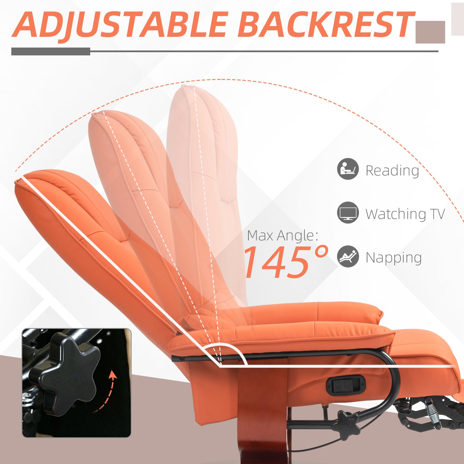 Air Leather Manual Recliner, Adjustable Swivel Lounge Chair with Footrest, Armrest and Wrapped Wood Base, Orange