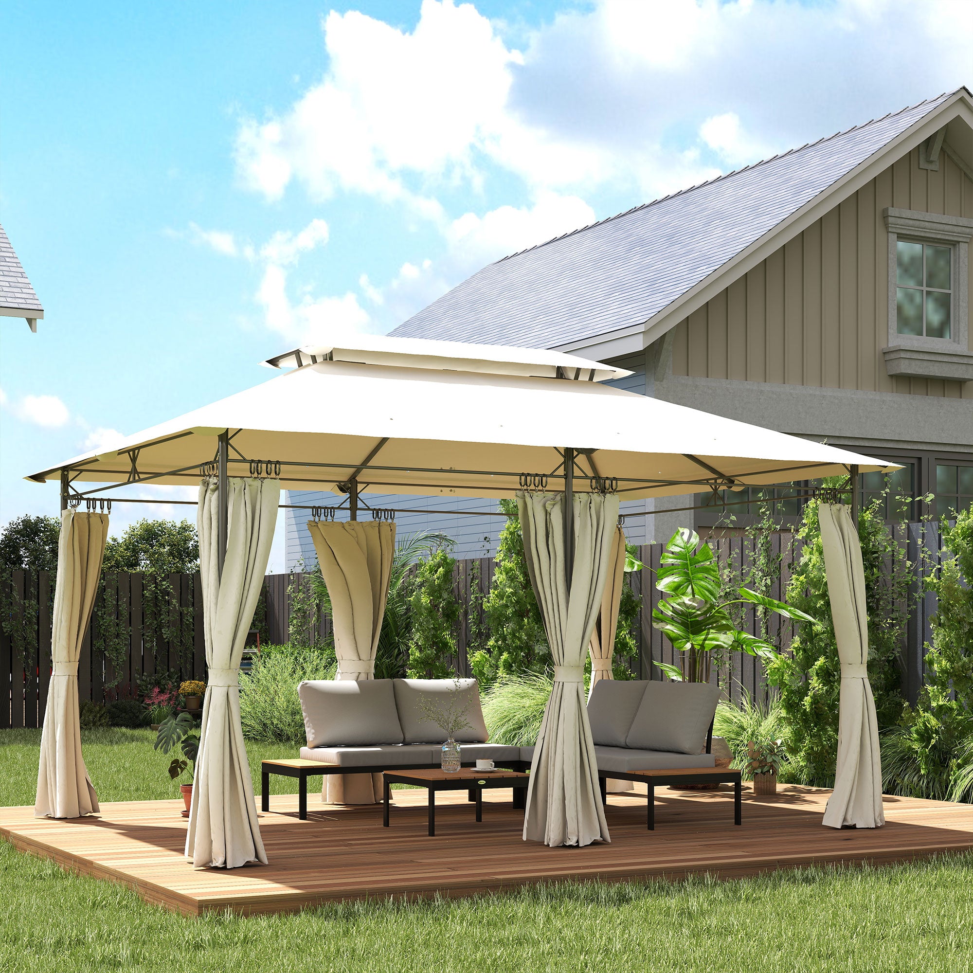 10' x 13' Double Roof Patio Gazebo, Outdoor Gazebo with Curtains, for Garden, Lawn, Backyard and Deck, Cream White